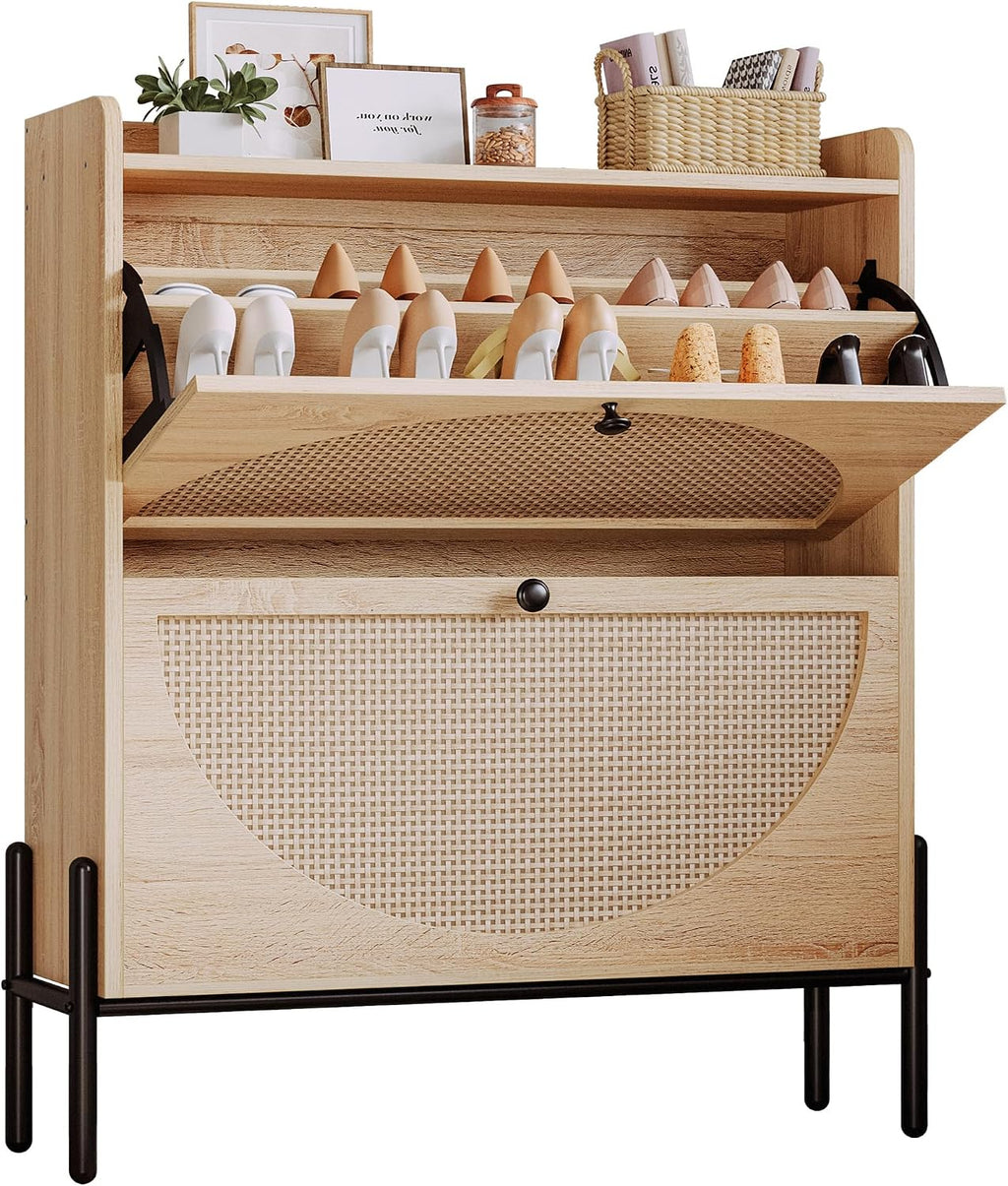 Oak Narrow Rattan Flip Drawer Shoe Cabinet
