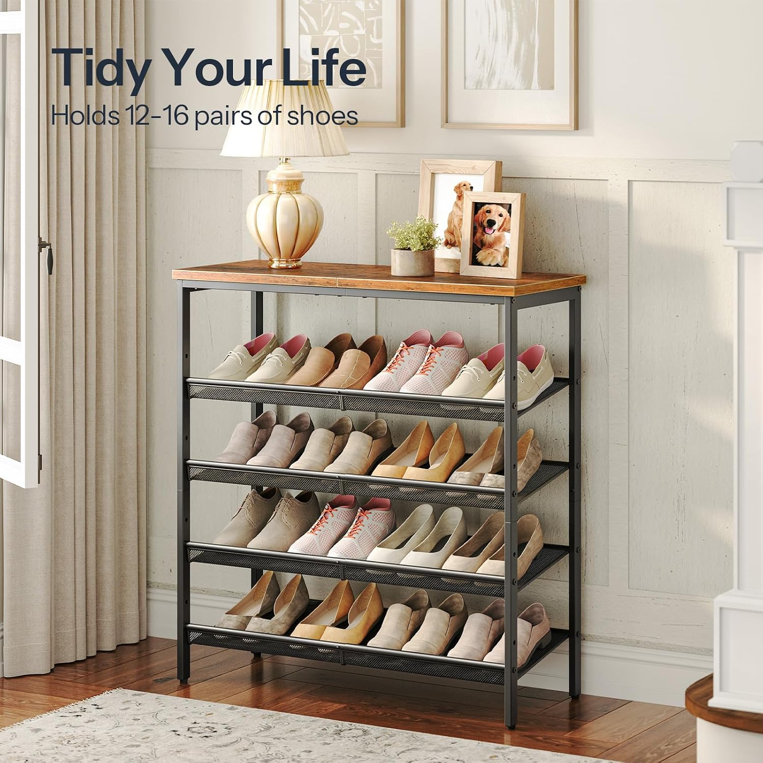 5-Tier Rustic Brown Metal Mesh Shoe Rack
