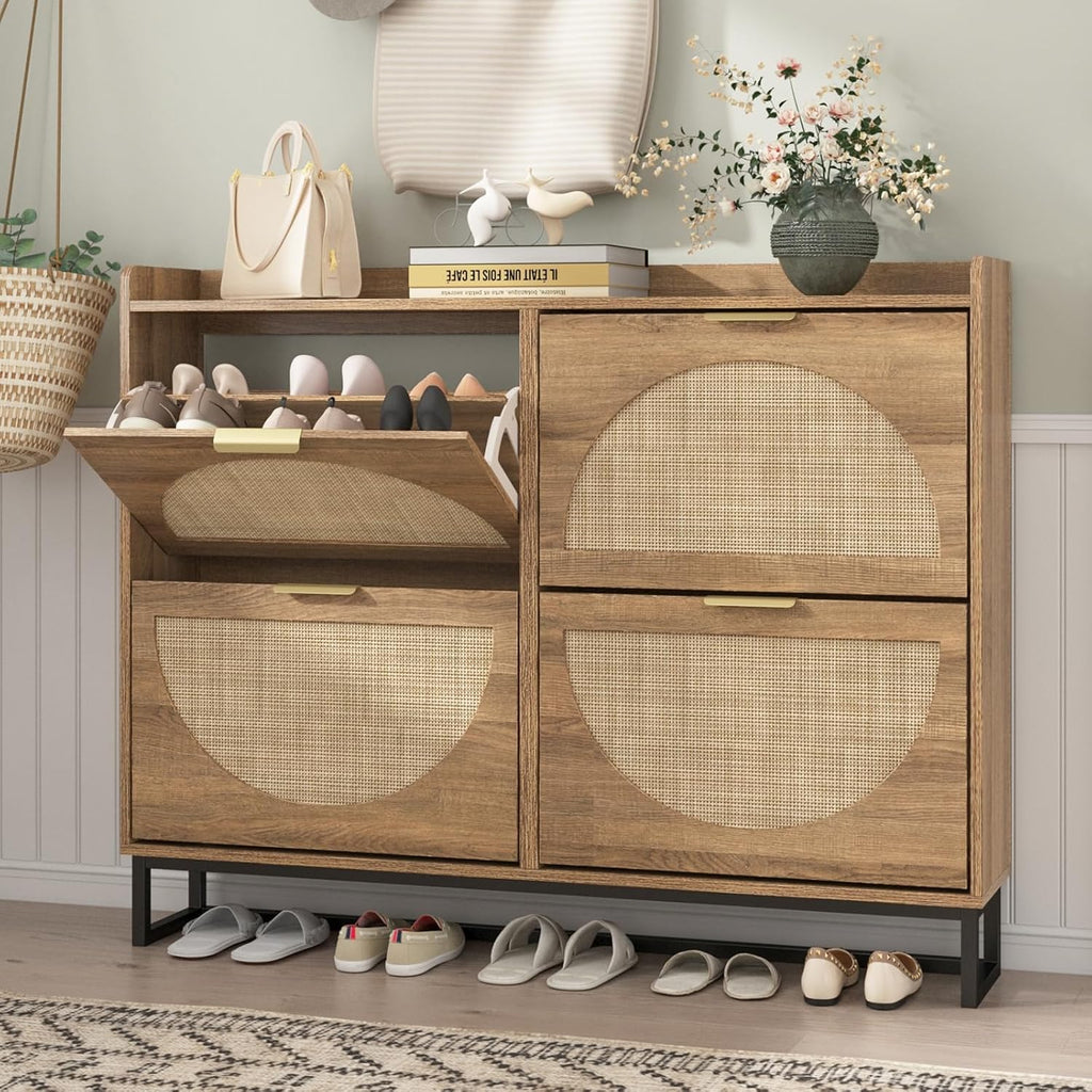 Rustic Oak Rattan Flip Drawer Shoe Cabinet