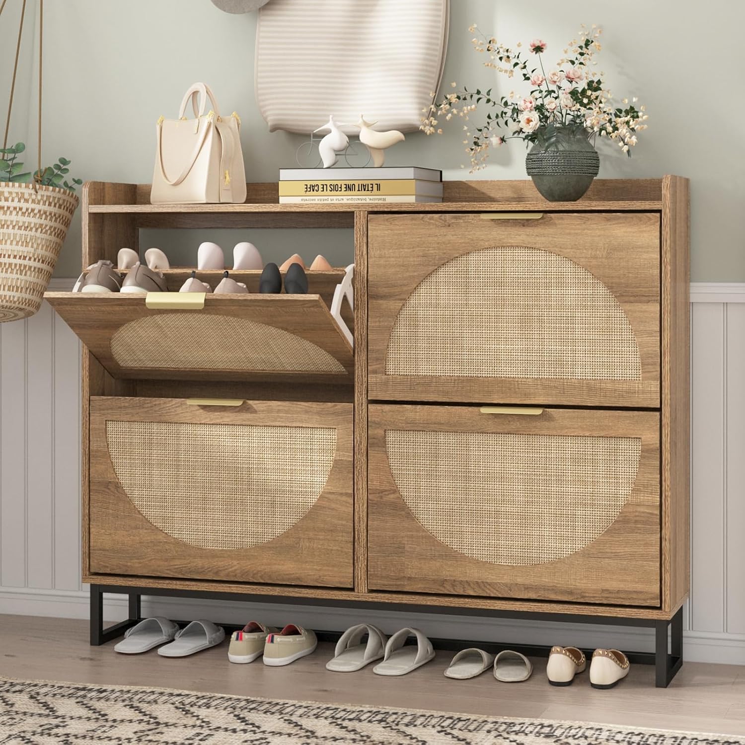 Rustic Oak Rattan Flip Drawer Shoe Cabinet