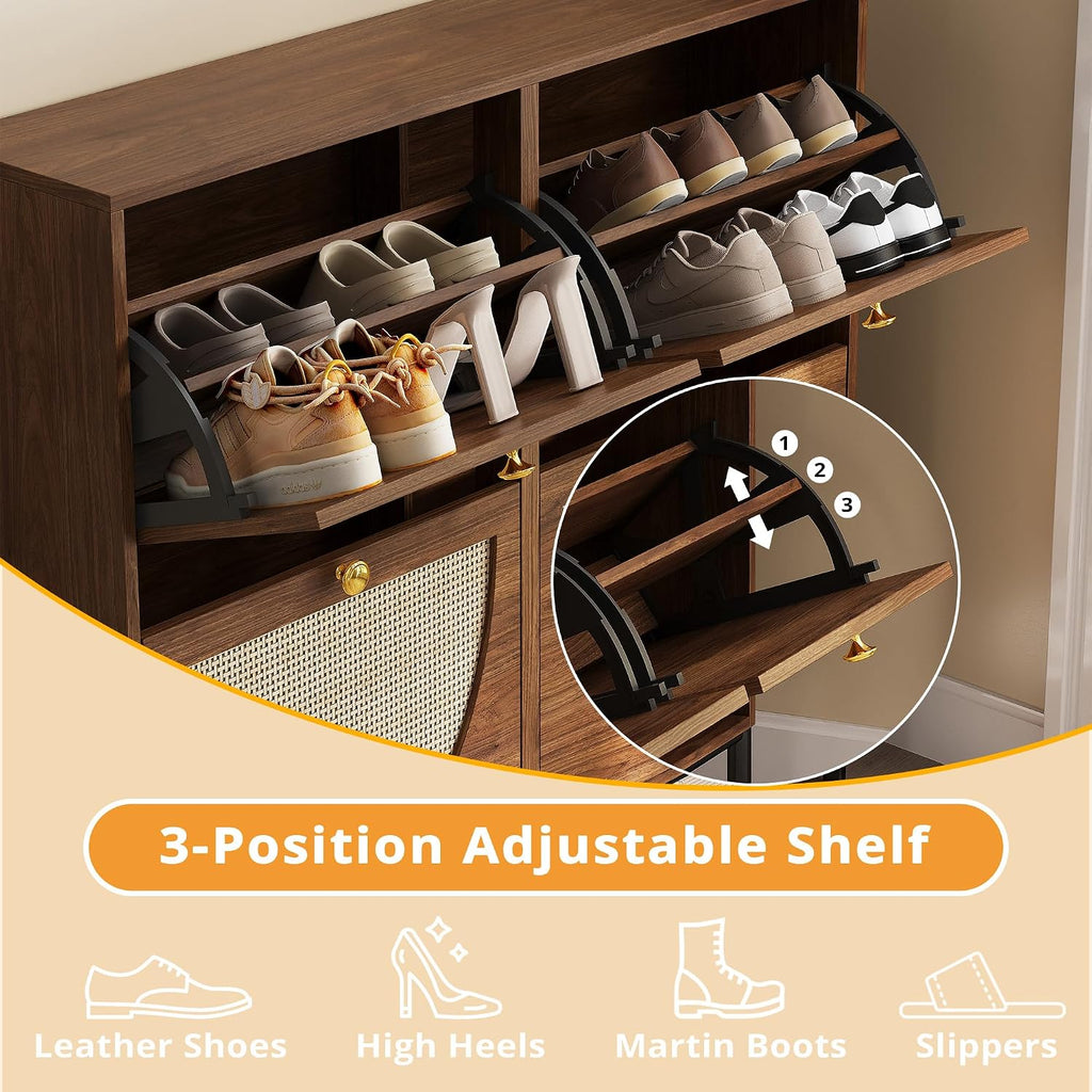 Walnut Rattan 4 Flip Drawer Shoe Cabinet