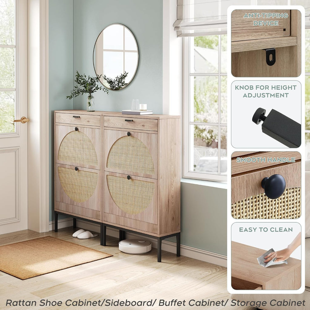 Slim Rattan Flip Drawer Shoe Storage Cabinet