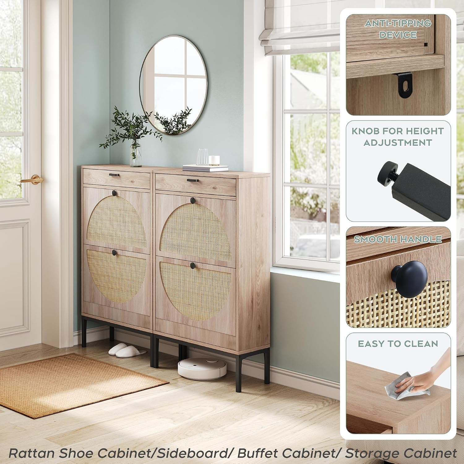 Slim Rattan Flip Drawer Shoe Storage Cabinet