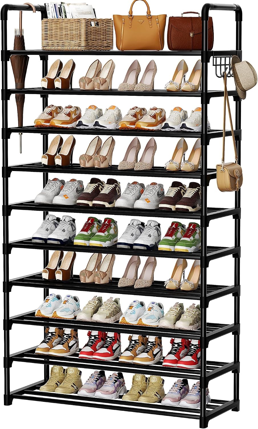 10 Tier Tall Metal Shoe Rack with Hooks