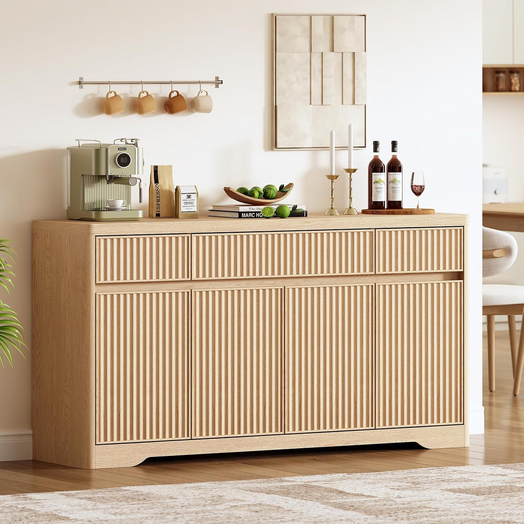 57" Natural Oak Fluted Sideboard with Drawers & Doors