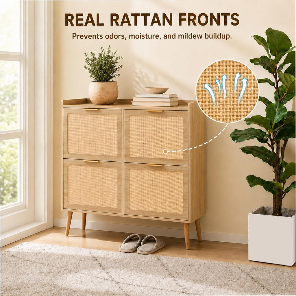 Slim Farmhouse Rattan Flip Drawer Shoe Cabinet
