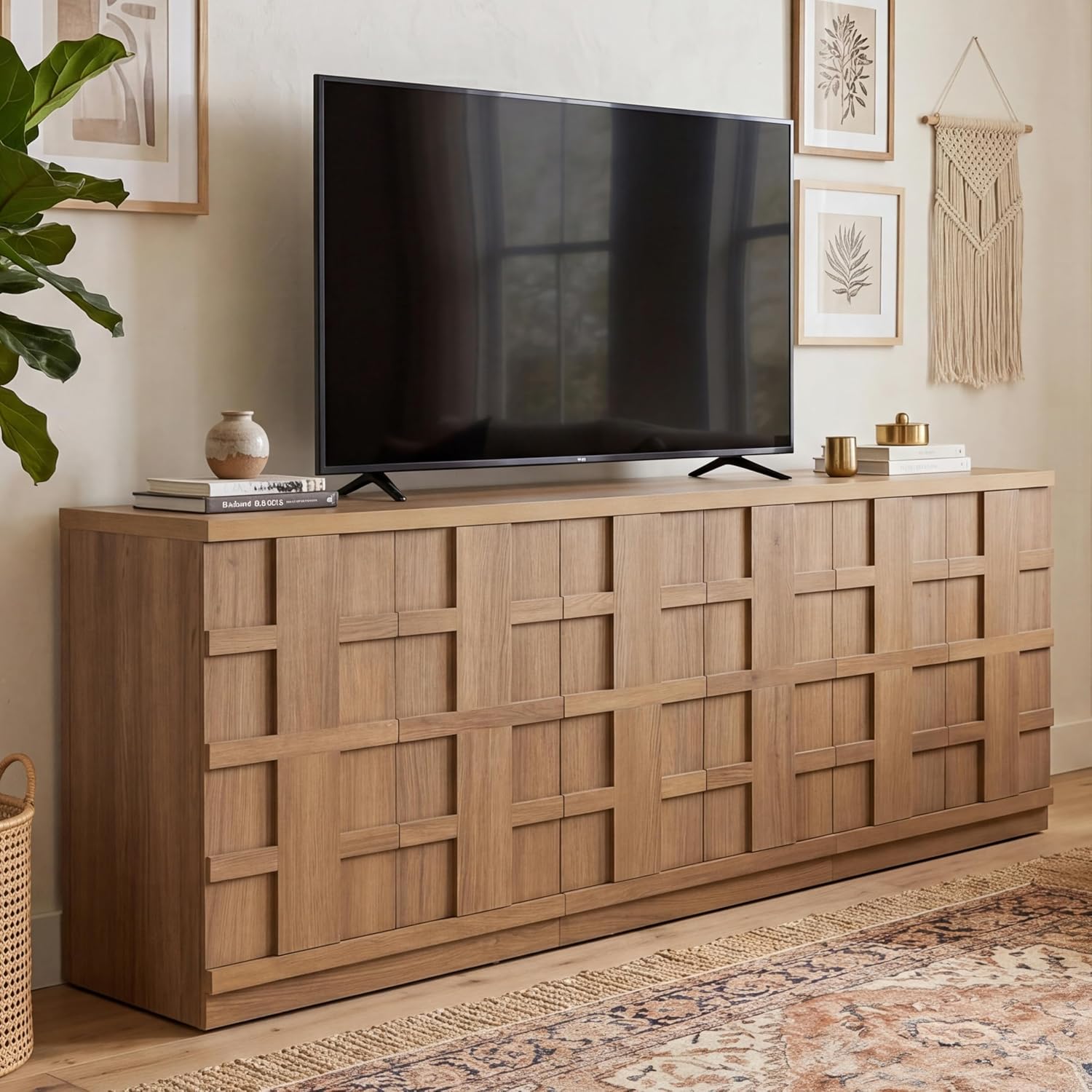 Brown Oak Woven Textured Long Sideboard
