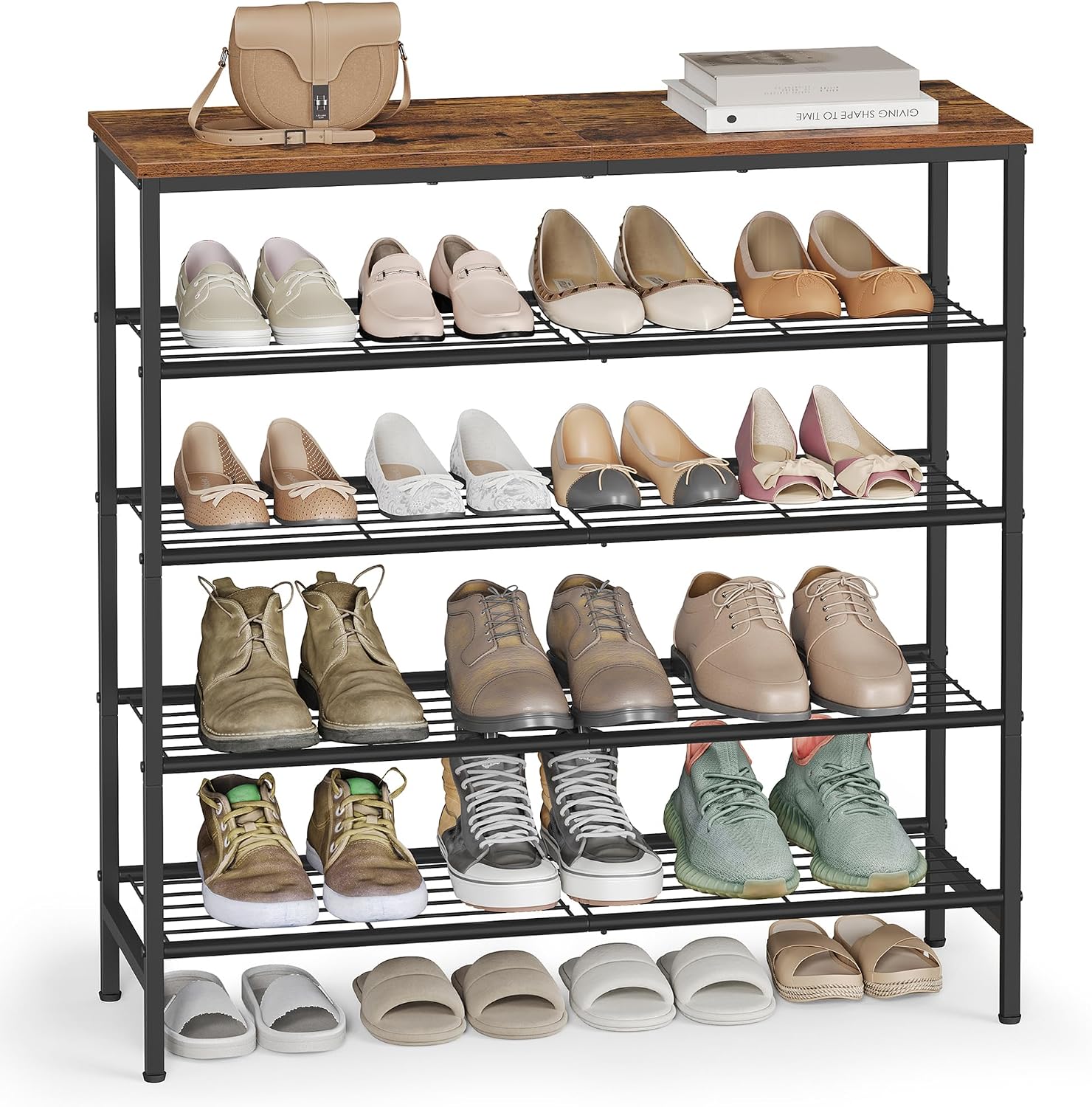 5-Tier Rustic Brown Black Metal Shoe Rack