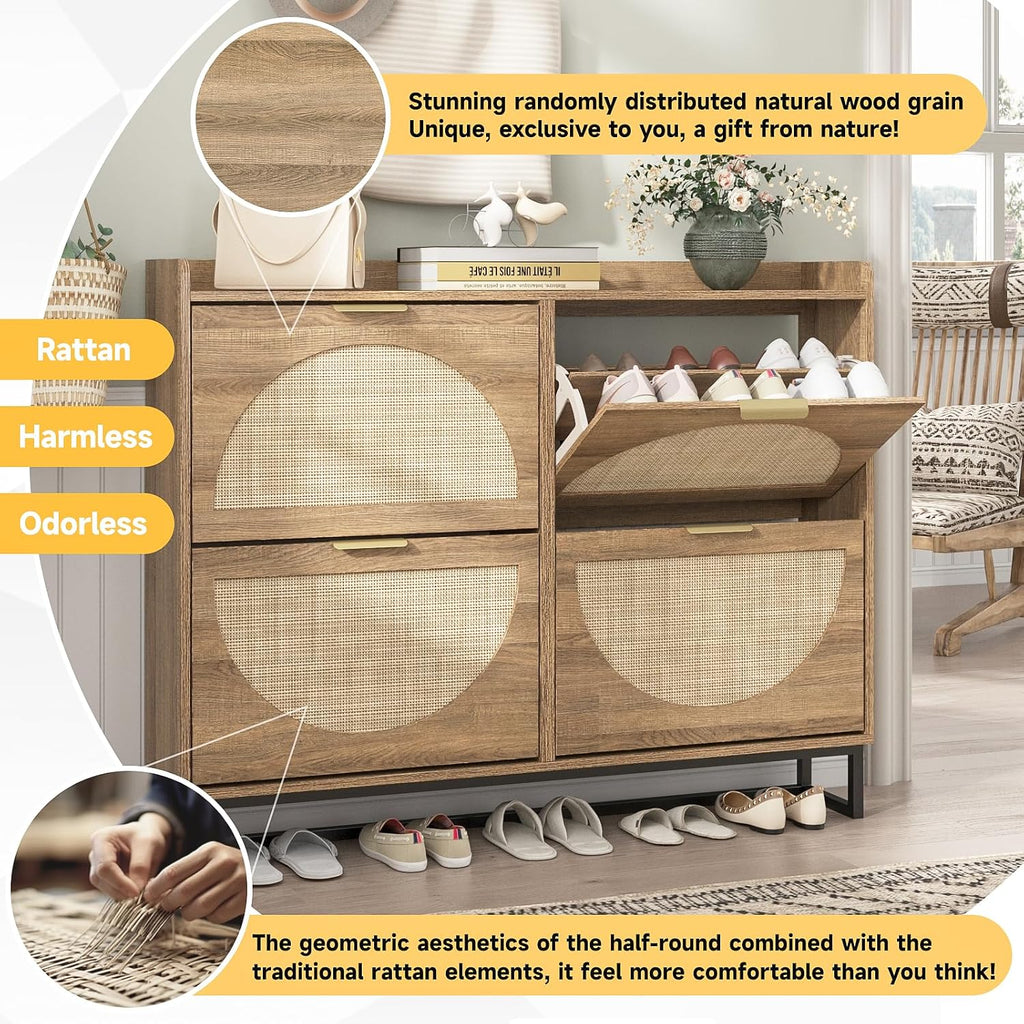Rustic Oak Rattan Flip Drawer Shoe Cabinet