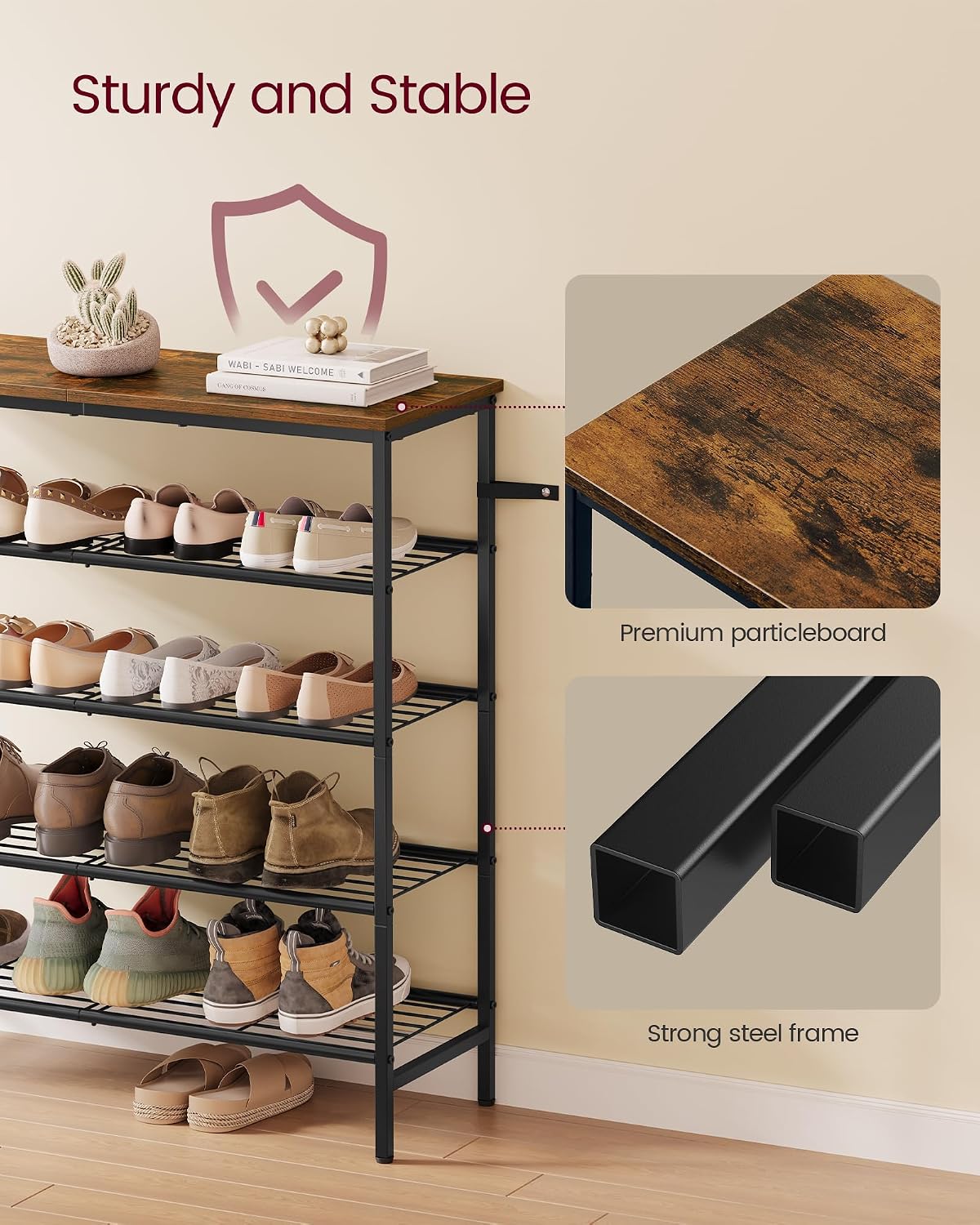 5-Tier Rustic Brown Black Metal Shoe Rack