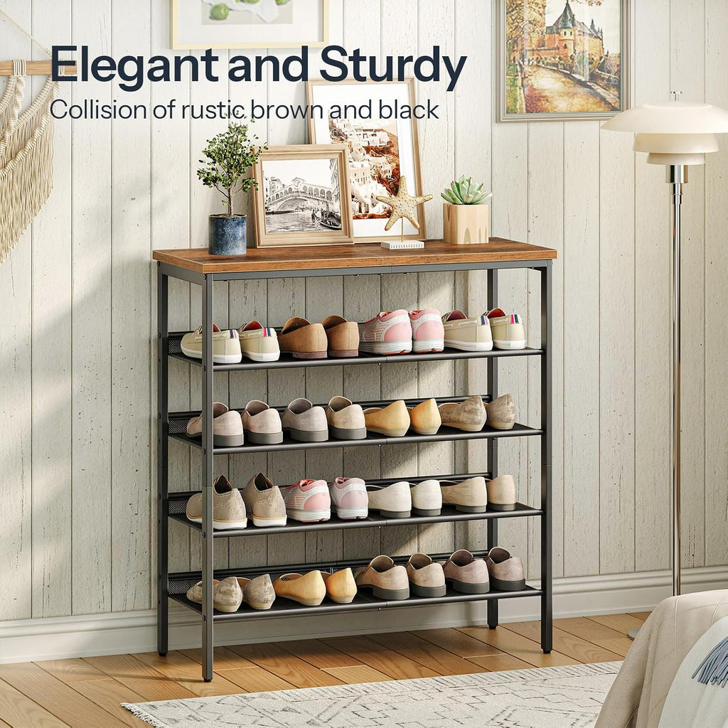 5-Tier Rustic Brown Metal Mesh Shoe Rack