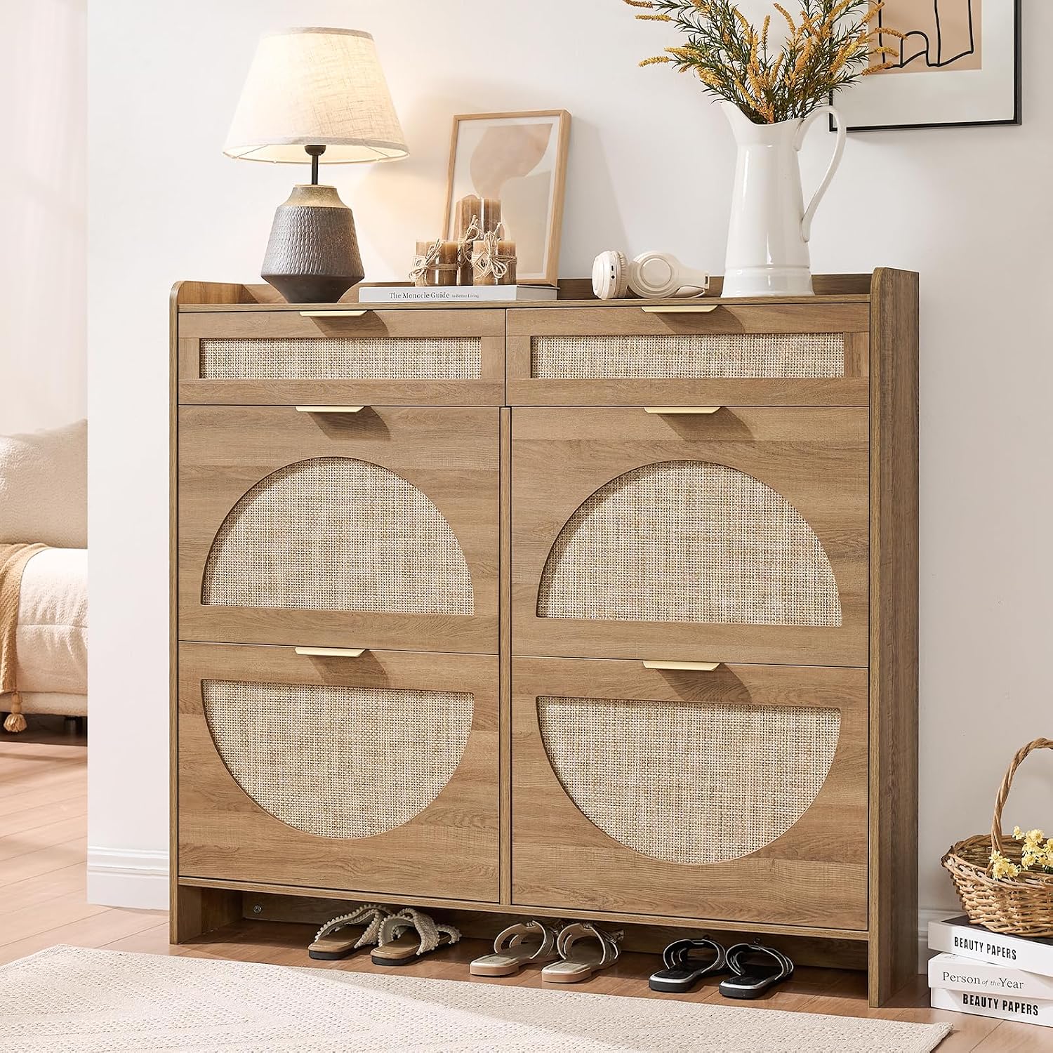Rustic Oak Rattan Shoe Cabinet with Drawers