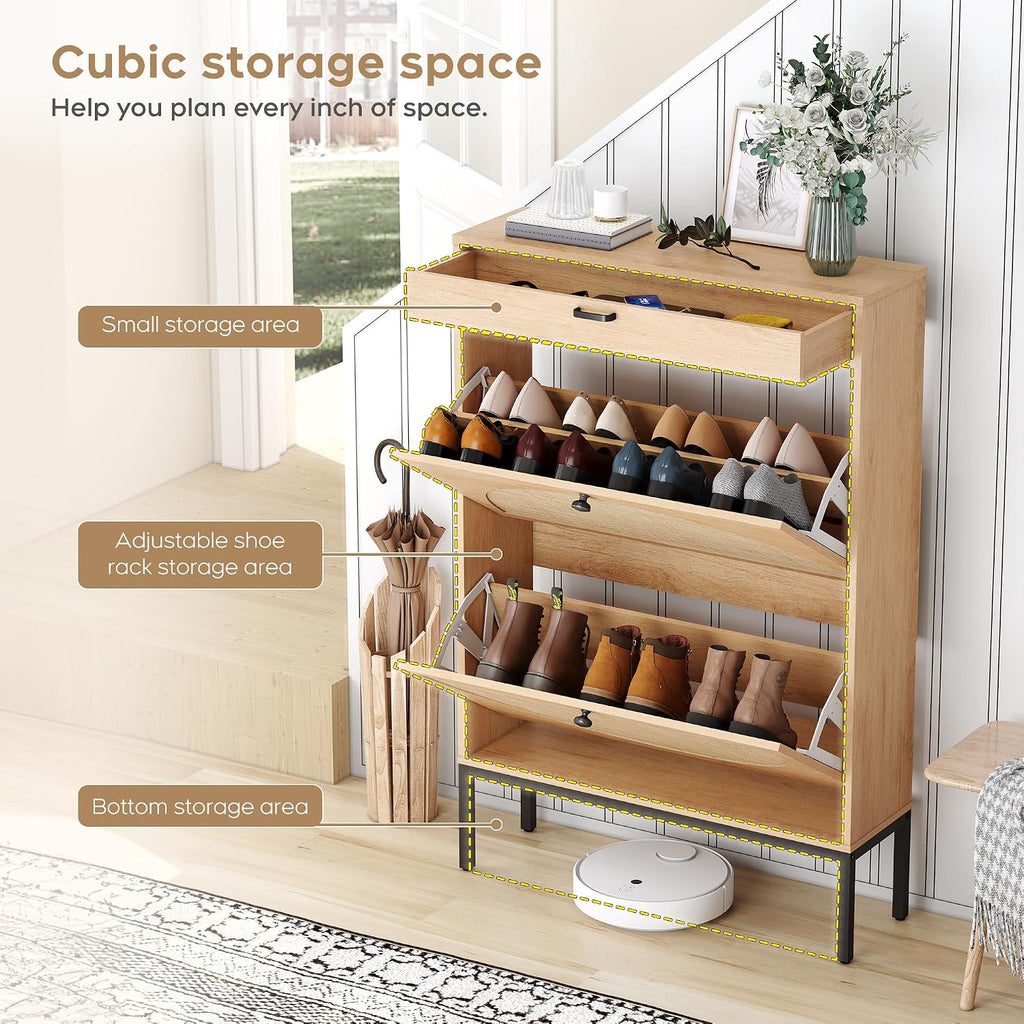 Golden Brown Slim Rattan Flip Drawer Shoe Cabinet
