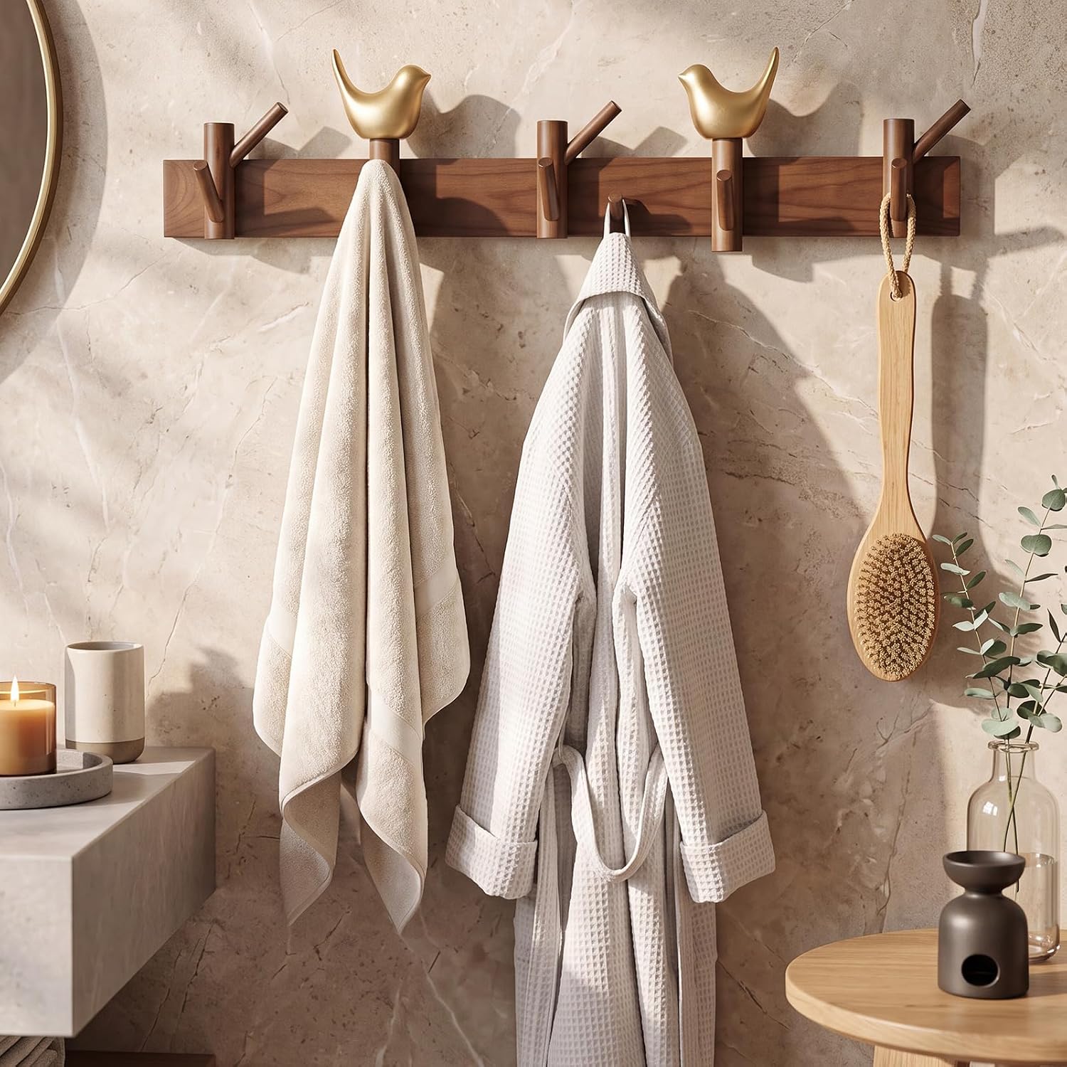 21" Walnut Gold Bird 8-Hook Coat Rack