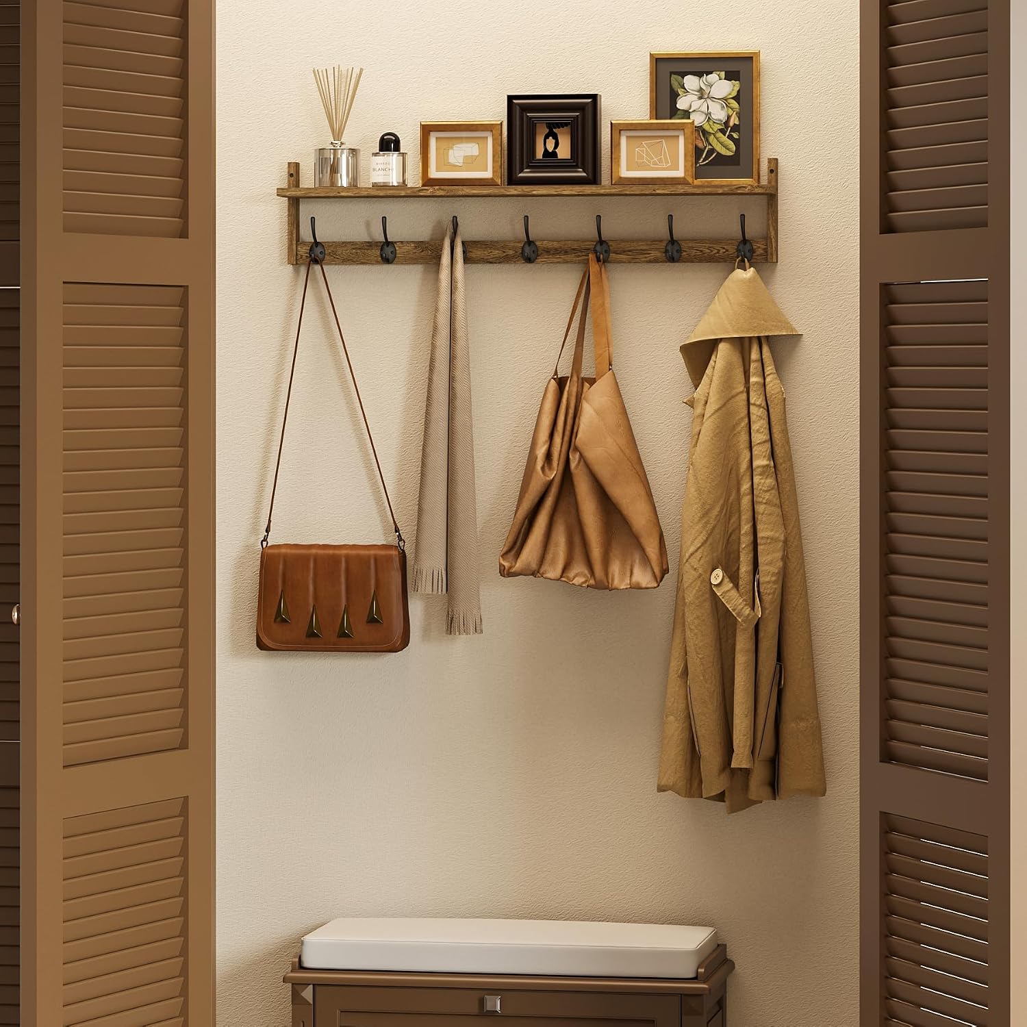 35" Wood Wall Coat Rack Shelf