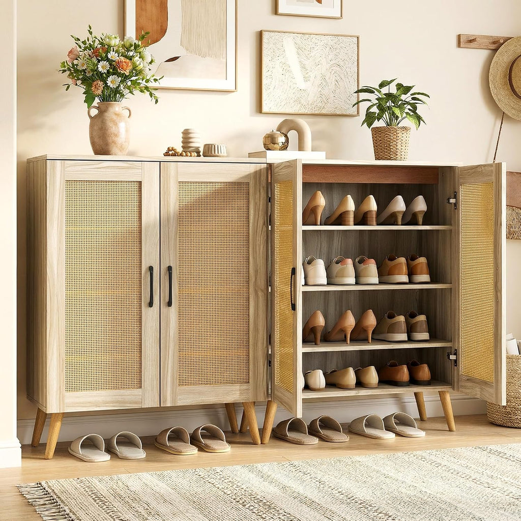 4-Tier Natural Rattan Door Shoe Cabinet