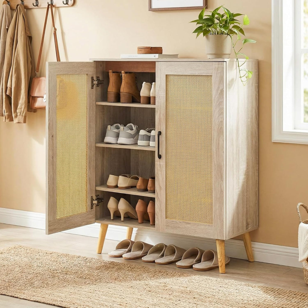 4-Tier Natural Rattan Door Shoe Cabinet
