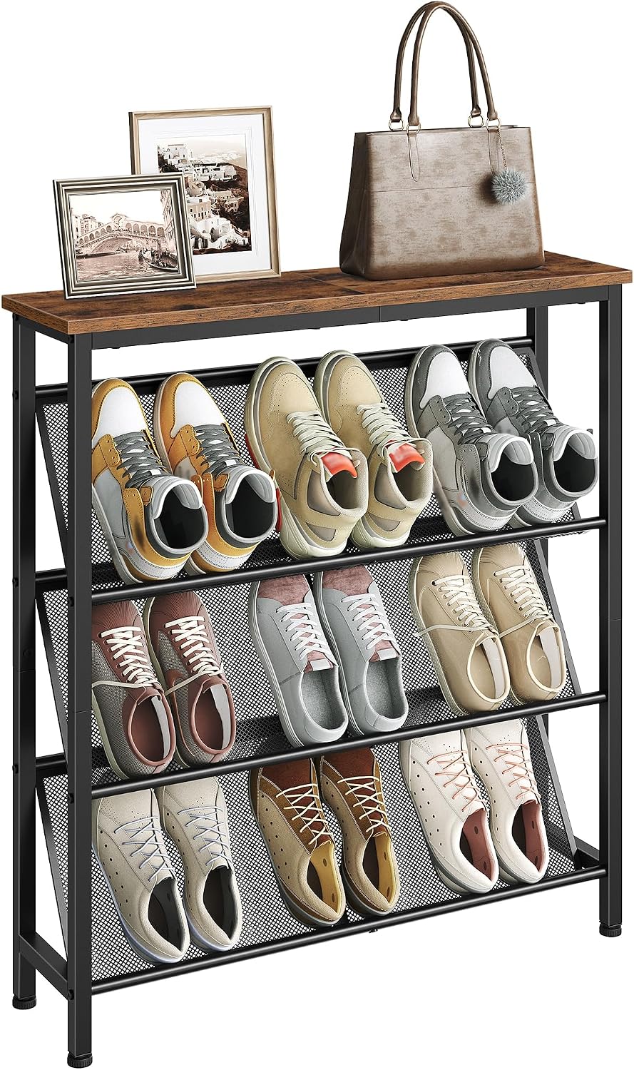 4-Tier Slanted Rustic Brown Metal Shoe Rack With Wood Top