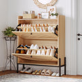 Oak Narrow Rattan Flip Drawer Shoe Cabinet