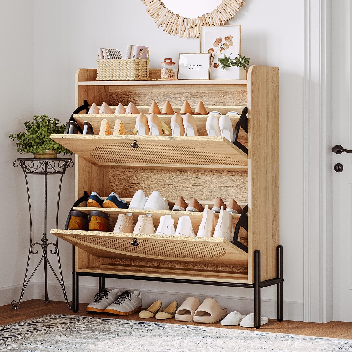 Oak Narrow Rattan Flip Drawer Shoe Cabinet