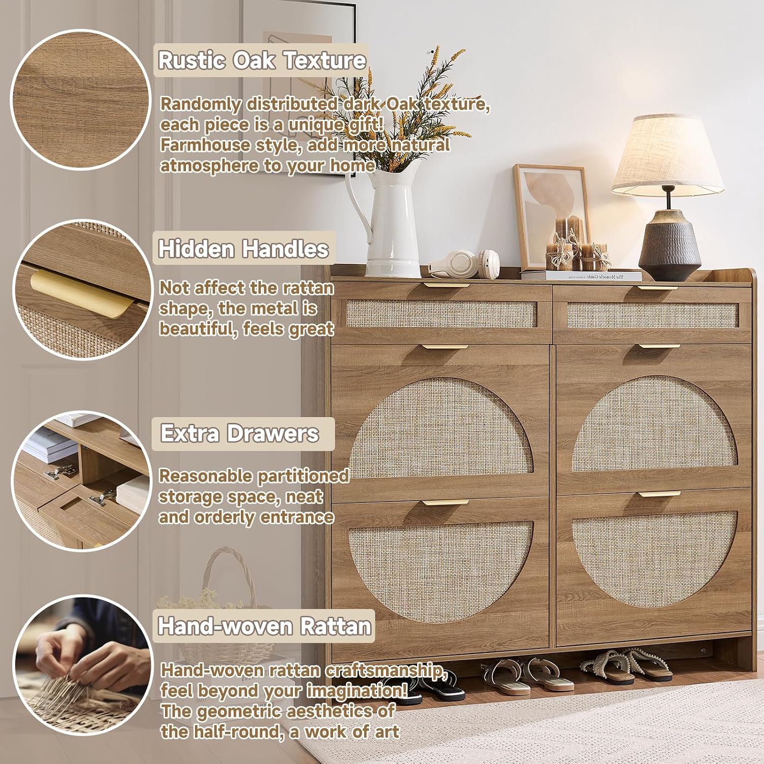 Rustic Oak Rattan Shoe Cabinet with Drawers