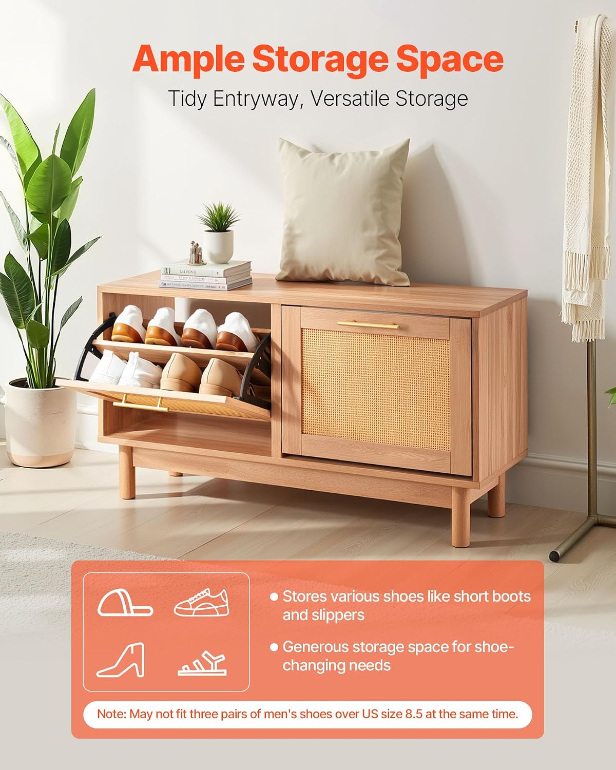 Rattan Flip Drawer Entryway Shoe Bench