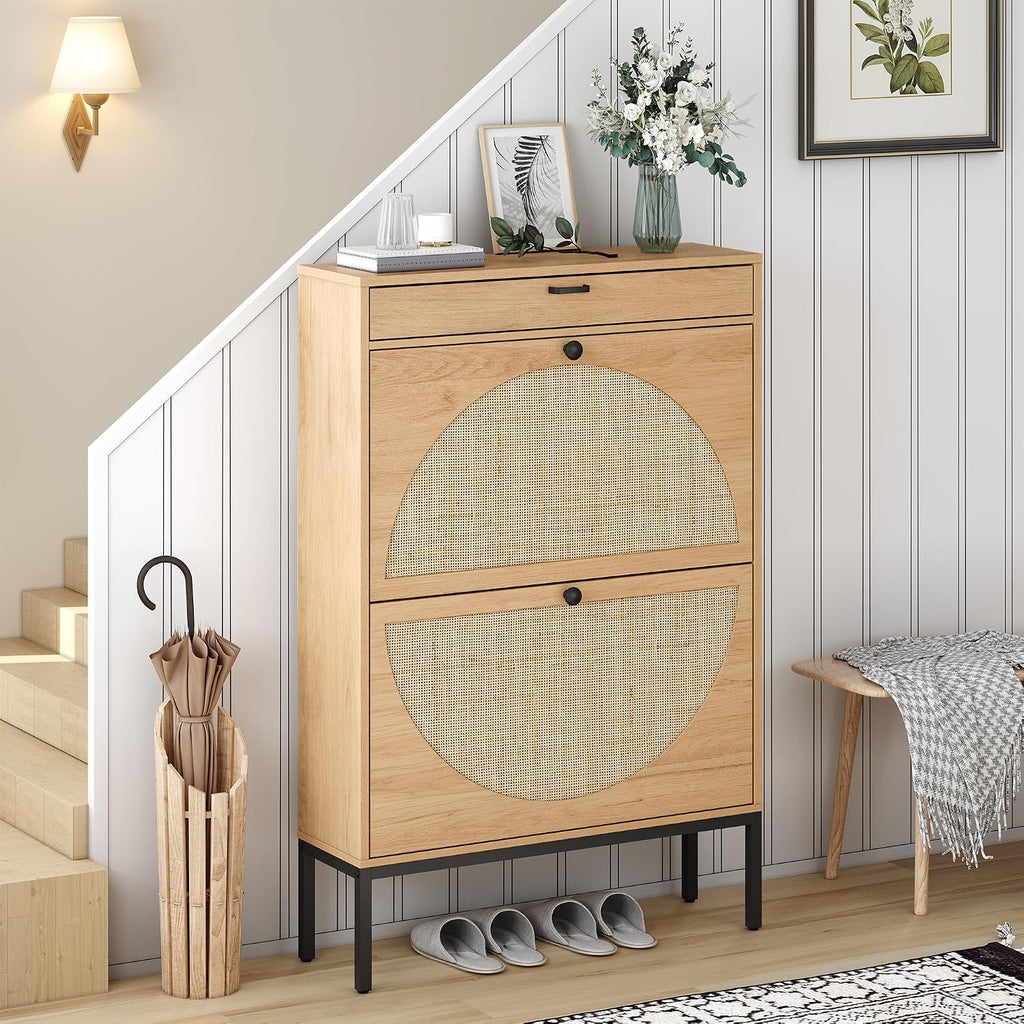 Golden Brown Slim Rattan Flip Drawer Shoe Cabinet