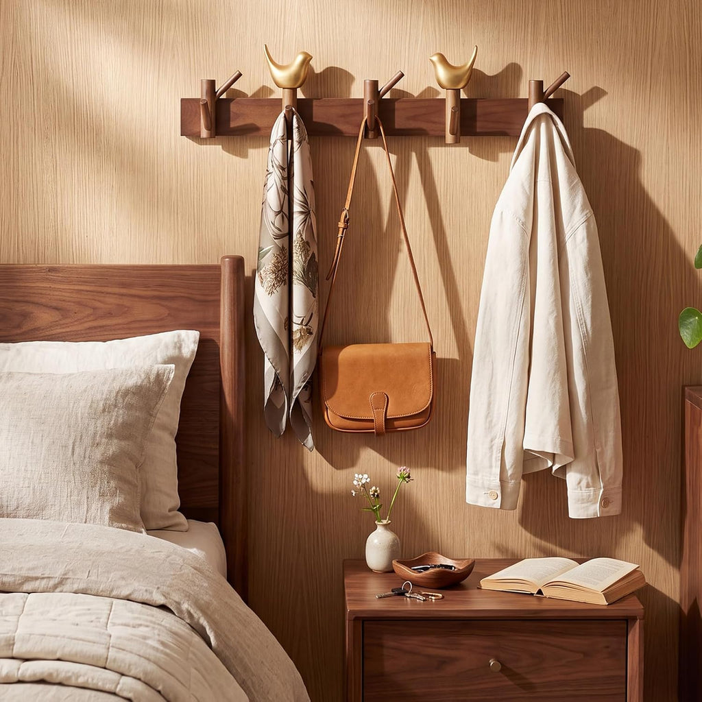 21" Walnut Gold Bird 8-Hook Coat Rack