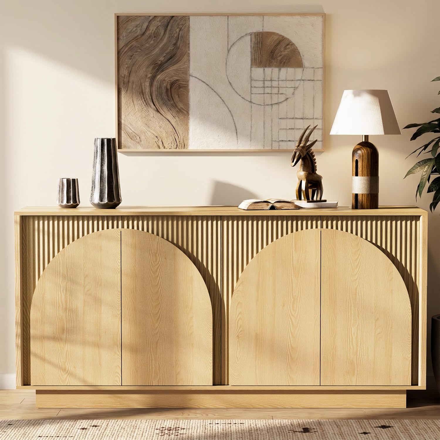 65.35" Oak Fluted Arched Door Mid Century Sideboard Cabinet