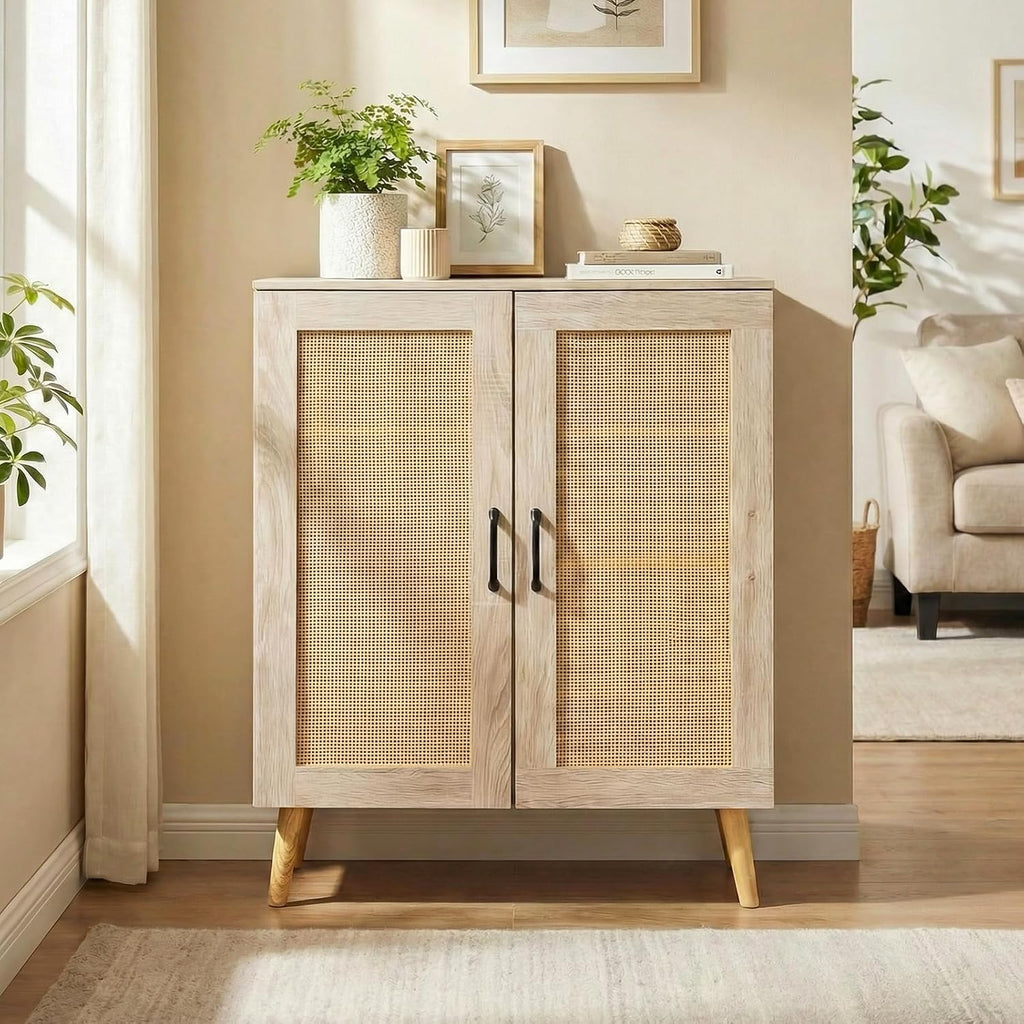 4-Tier Natural Rattan Door Shoe Cabinet