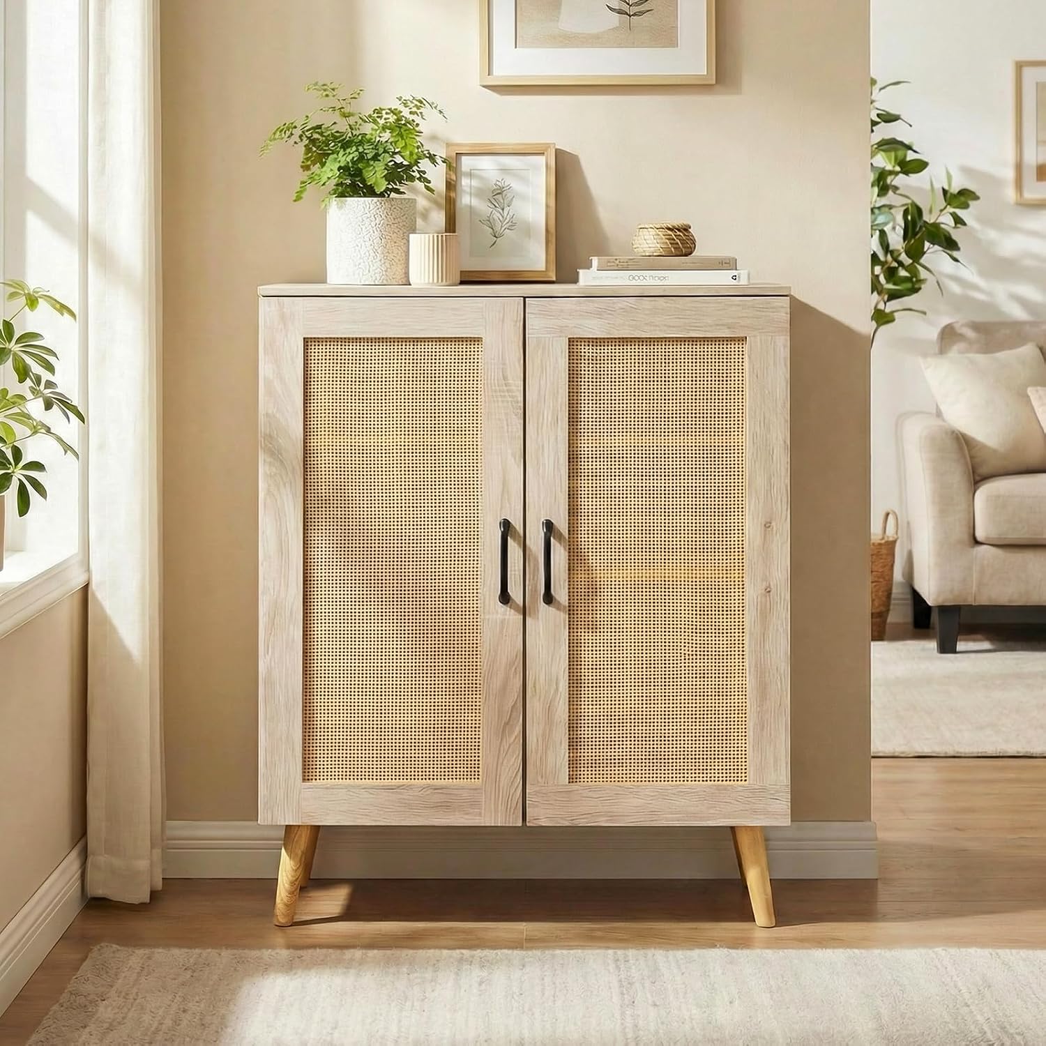 4-Tier Natural Rattan Door Shoe Cabinet