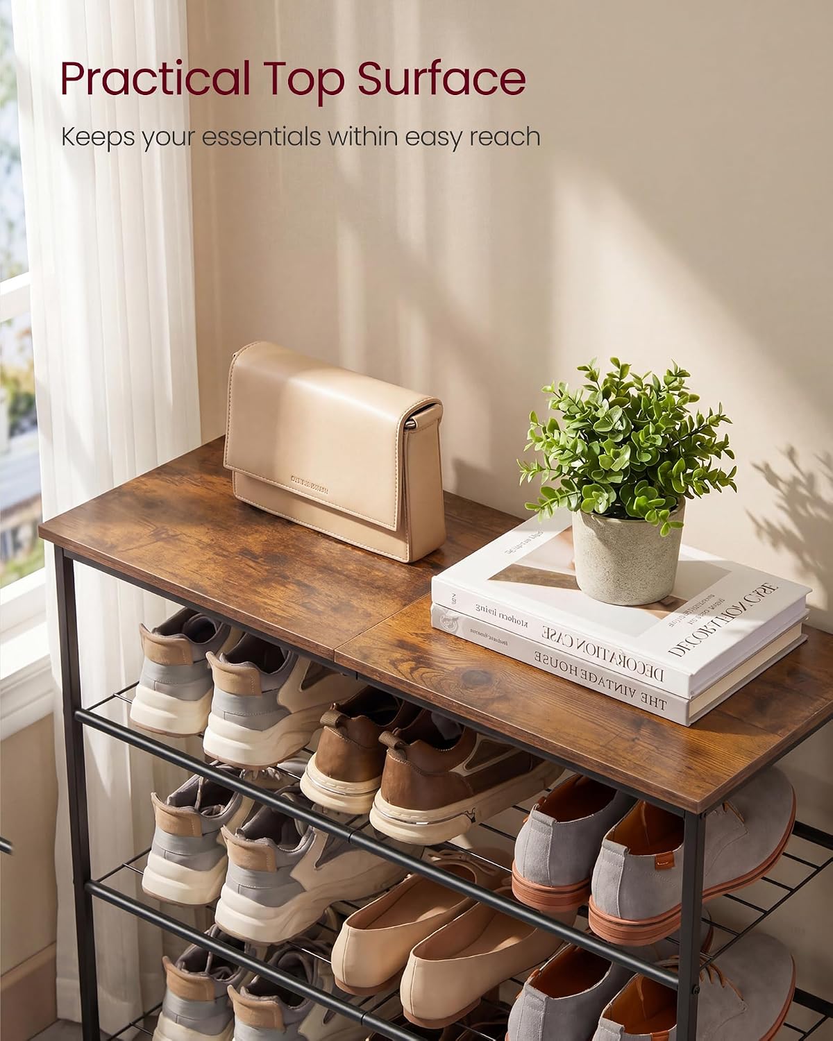 5-Tier Rustic Brown Black Metal Shoe Rack