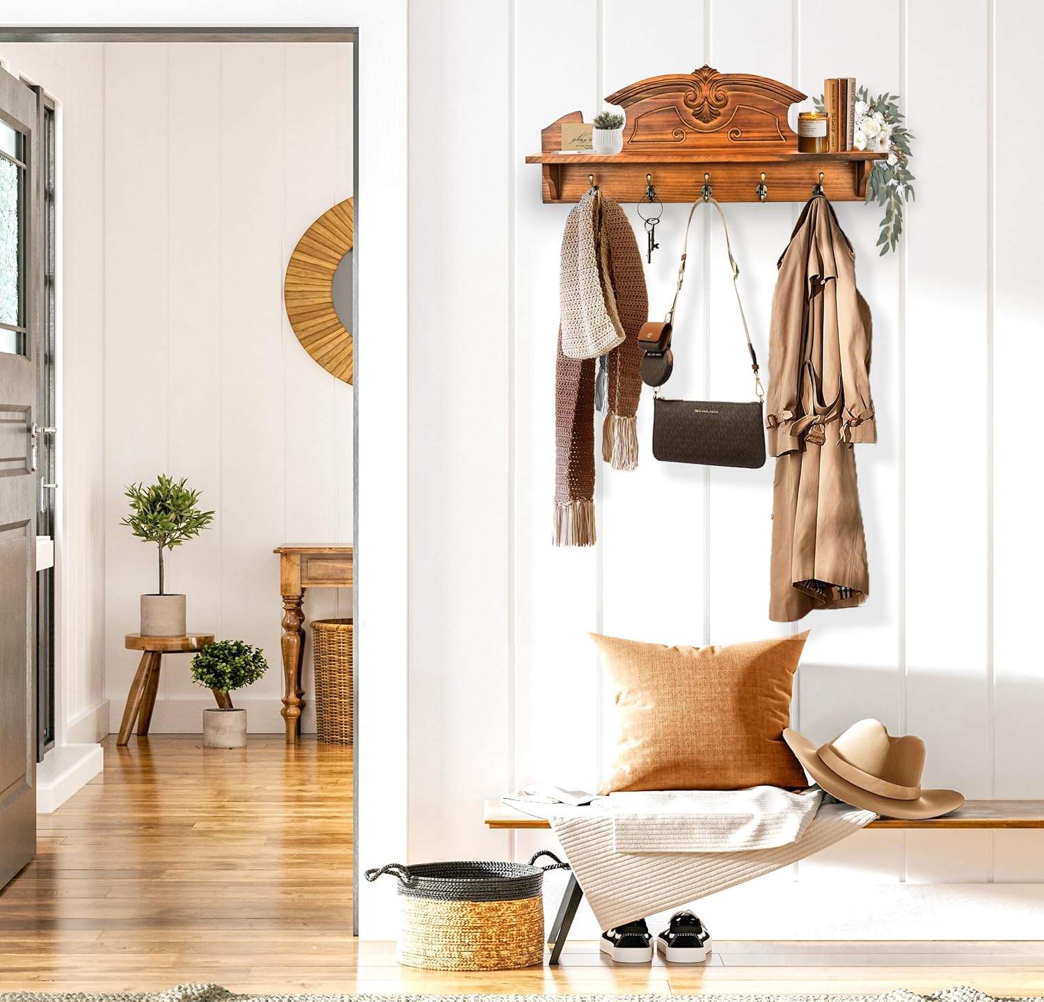24" Brown Farmhouse Wall Coat Rack
