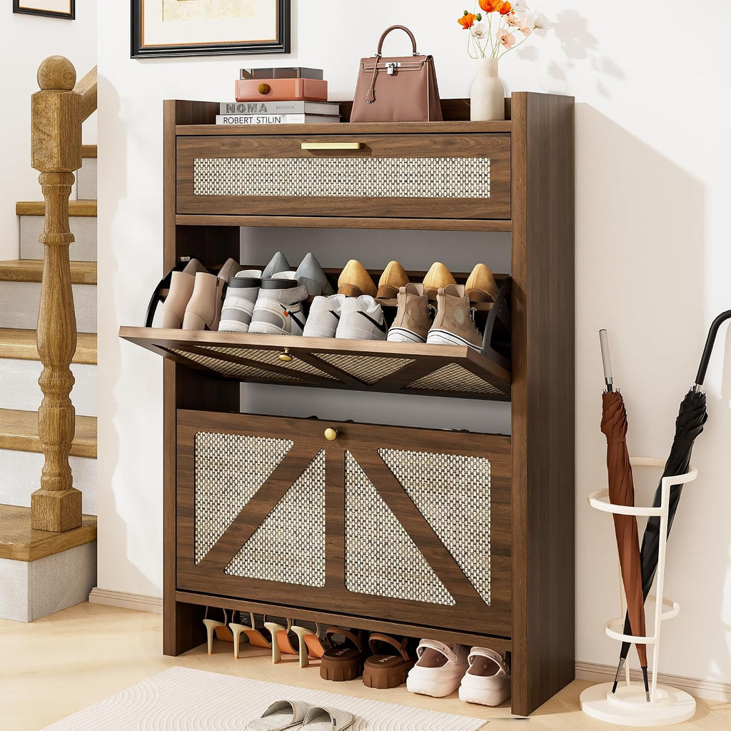 Slim Rattan Flip Drawer Shoe Storage Cabinet