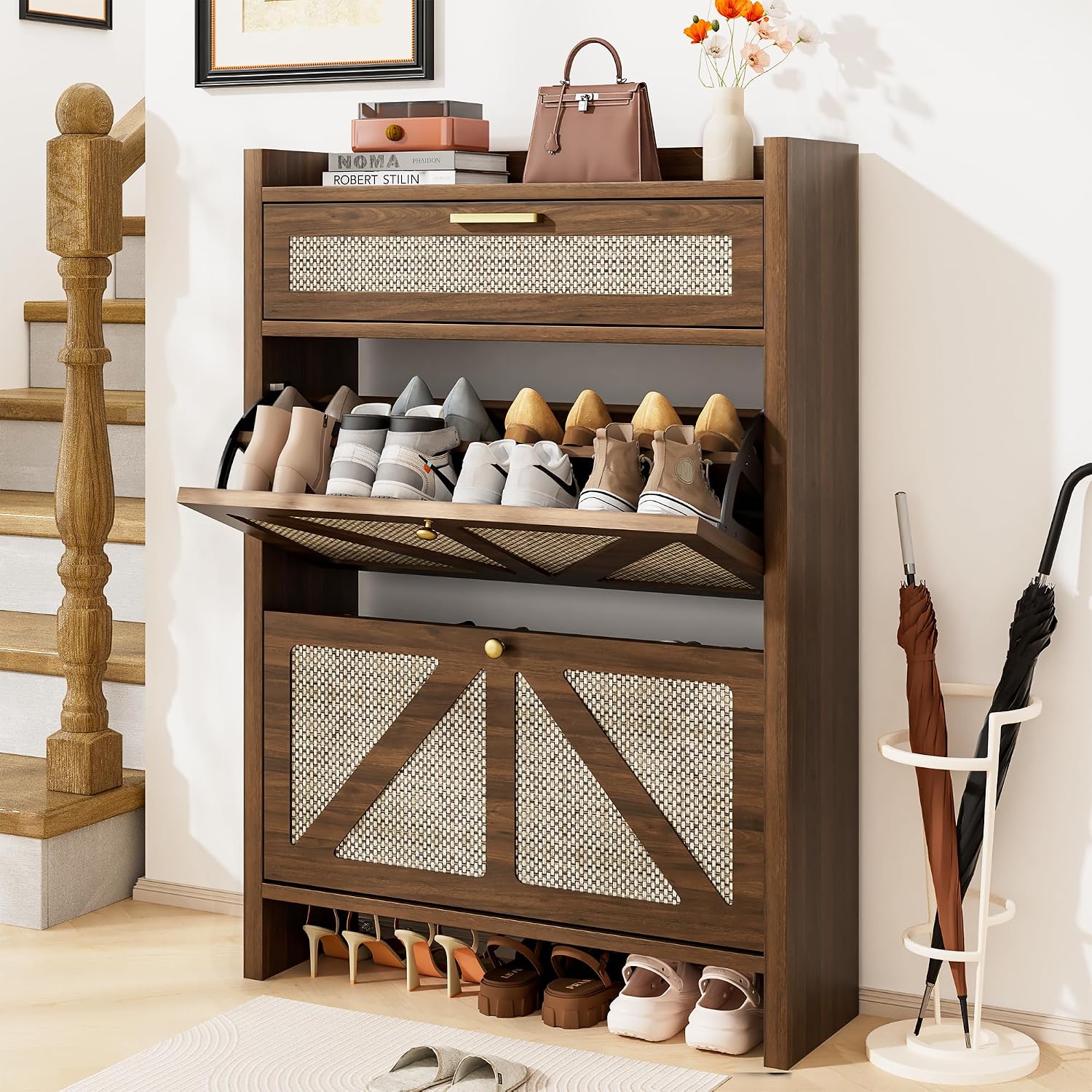 Slim Rattan Flip Drawer Shoe Storage Cabinet