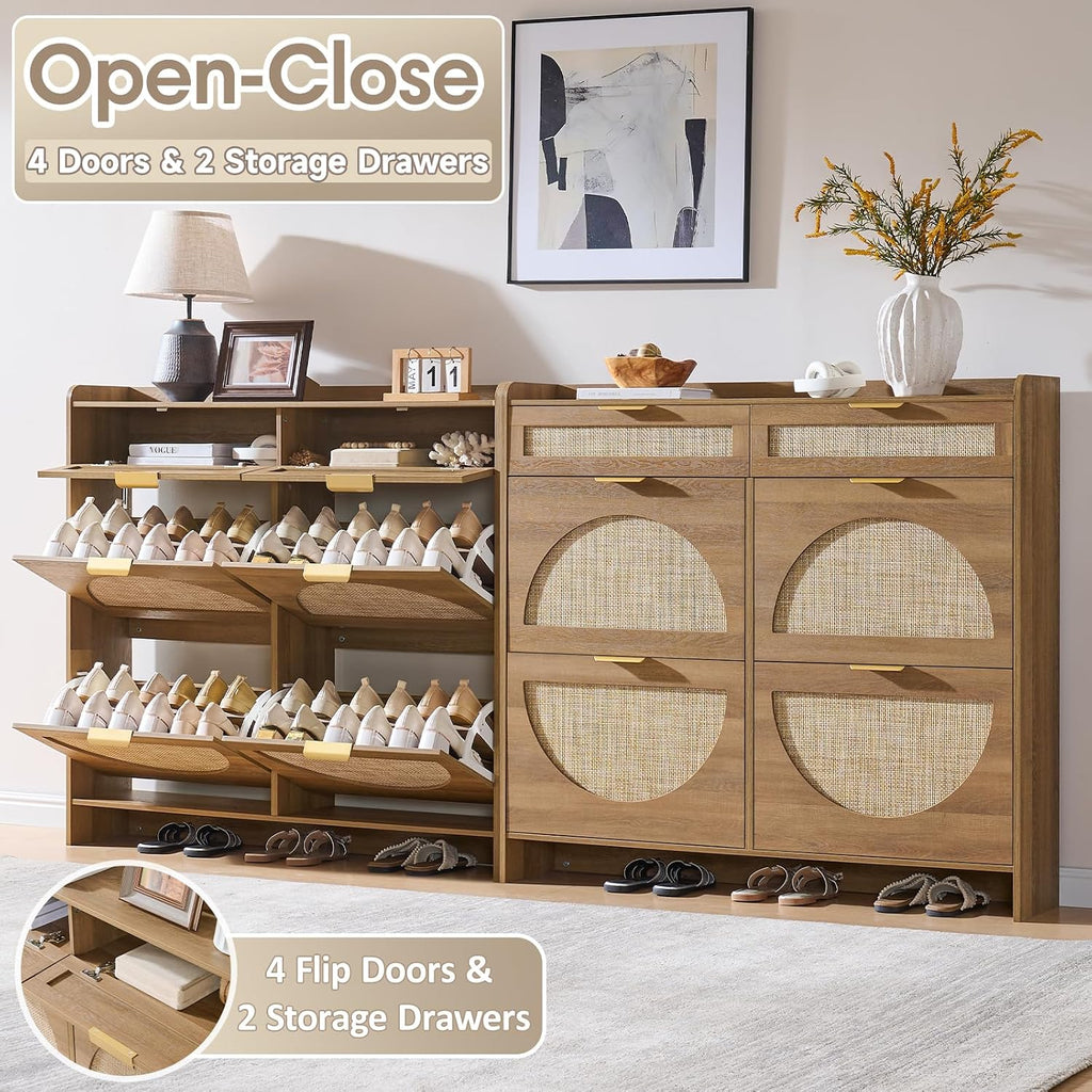 Rustic Oak Rattan Shoe Cabinet with Drawers