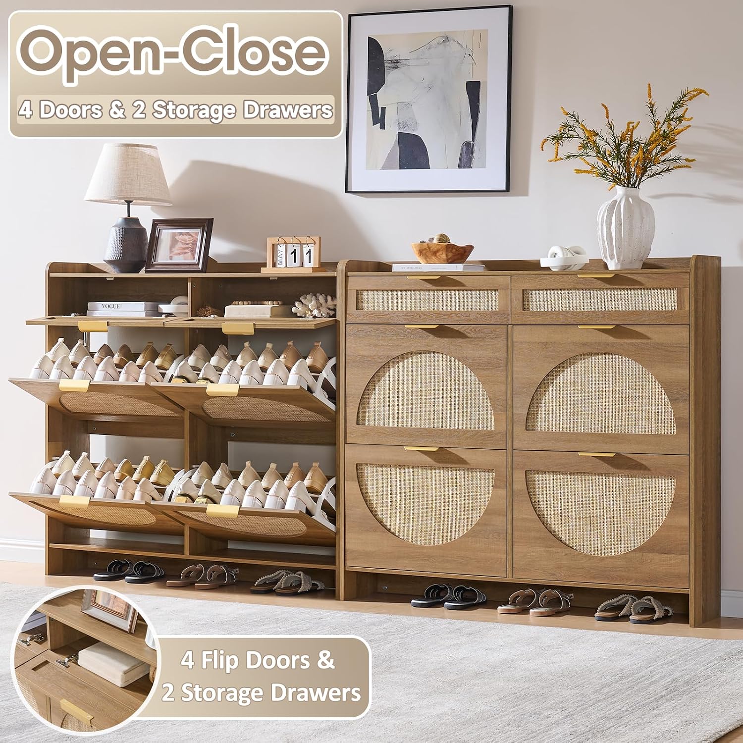 Rustic Oak Rattan Shoe Cabinet with Drawers