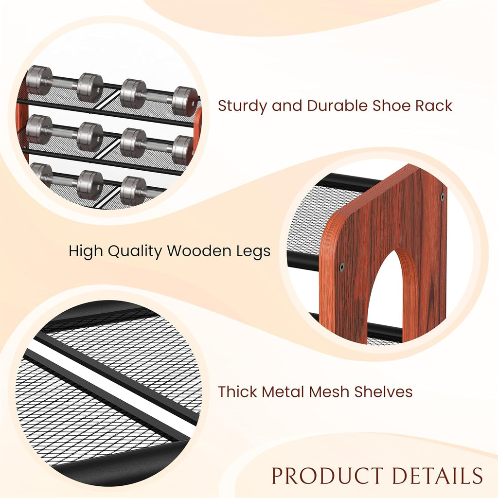 4-Tier Wood Frame Metal Mesh Shoe Rack