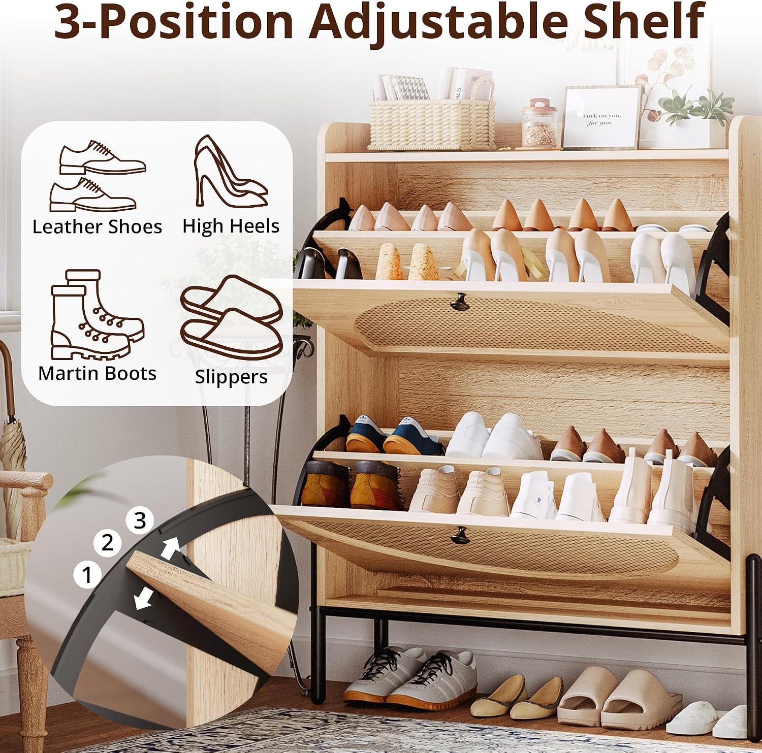 Oak Narrow Rattan Flip Drawer Shoe Cabinet