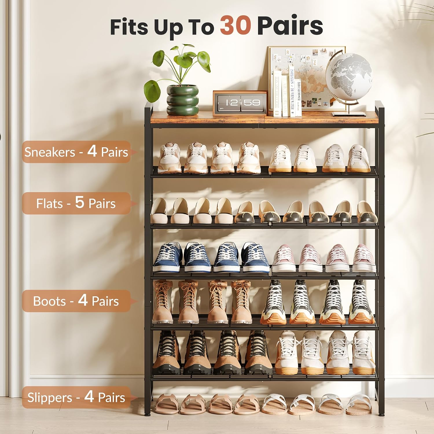 6 Tier Rustic Brown Black Metal Shoe Rack With Wood Top