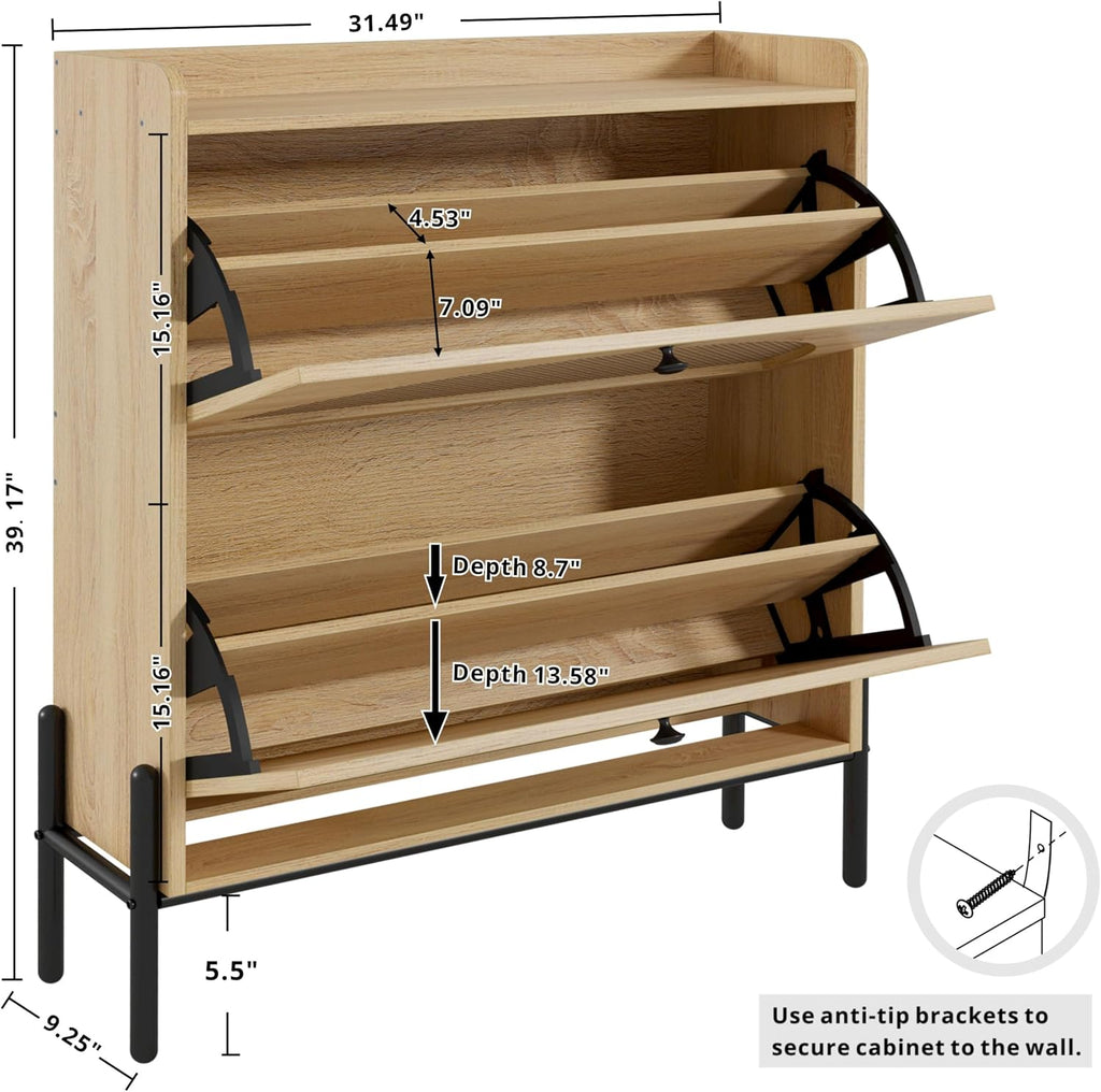 Oak Narrow Rattan Flip Drawer Shoe Cabinet