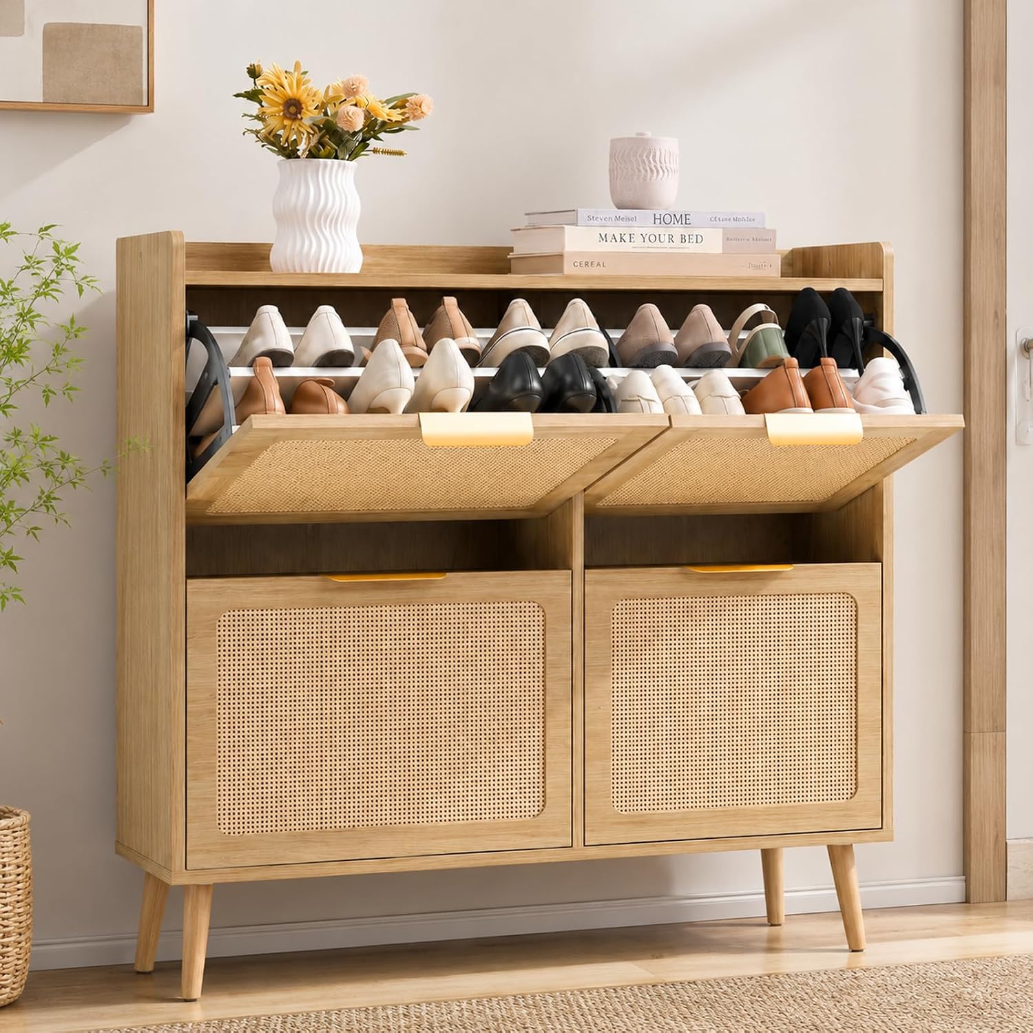 Slim Farmhouse Rattan Flip Drawer Shoe Cabinet