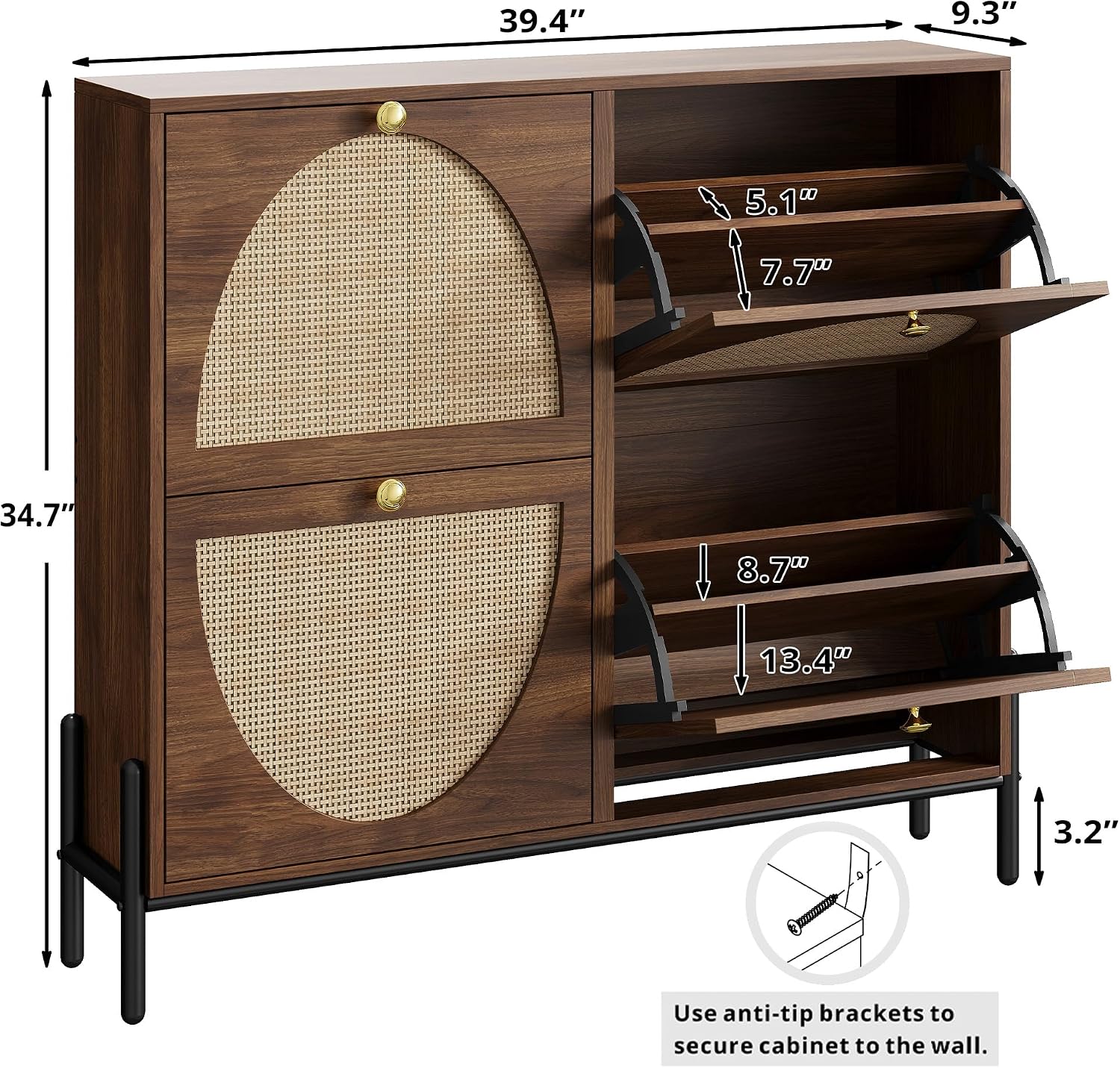 Walnut Rattan 4 Flip Drawer Shoe Cabinet