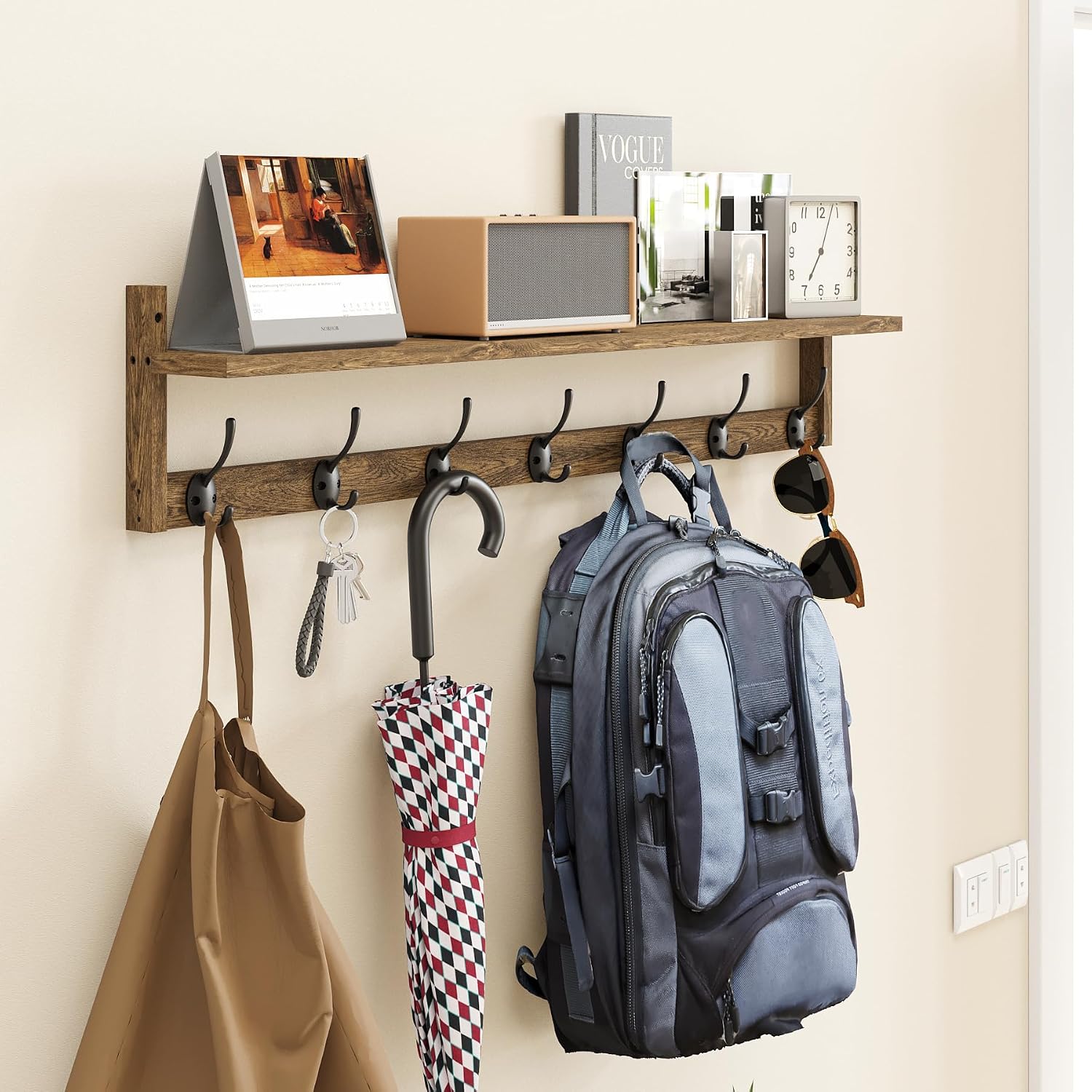 35" Wood Wall Coat Rack Shelf