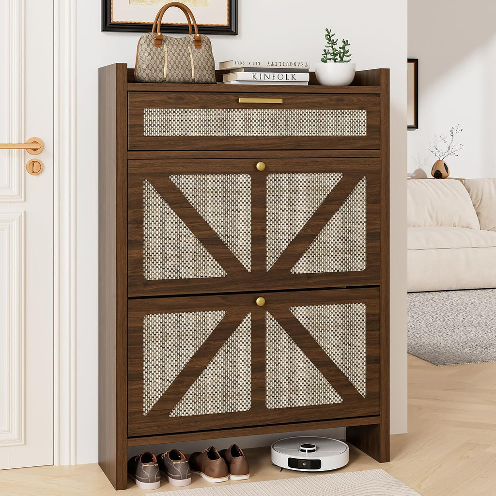 Slim Rattan Flip Drawer Shoe Storage Cabinet