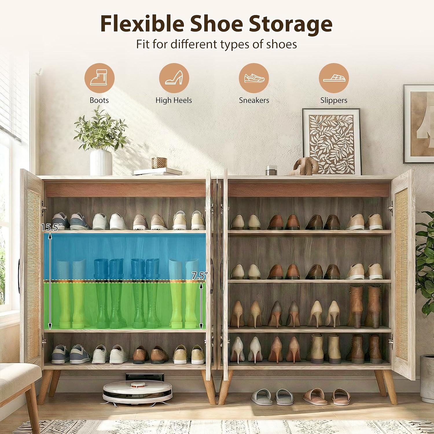 4-Tier Natural Rattan Door Shoe Cabinet
