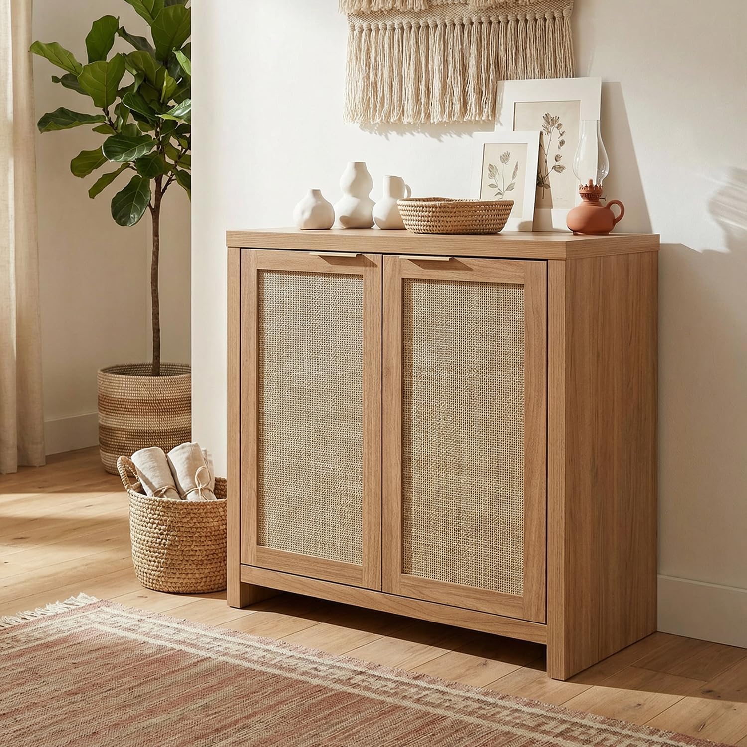 3pc Oak Rattan Storage Sideboard