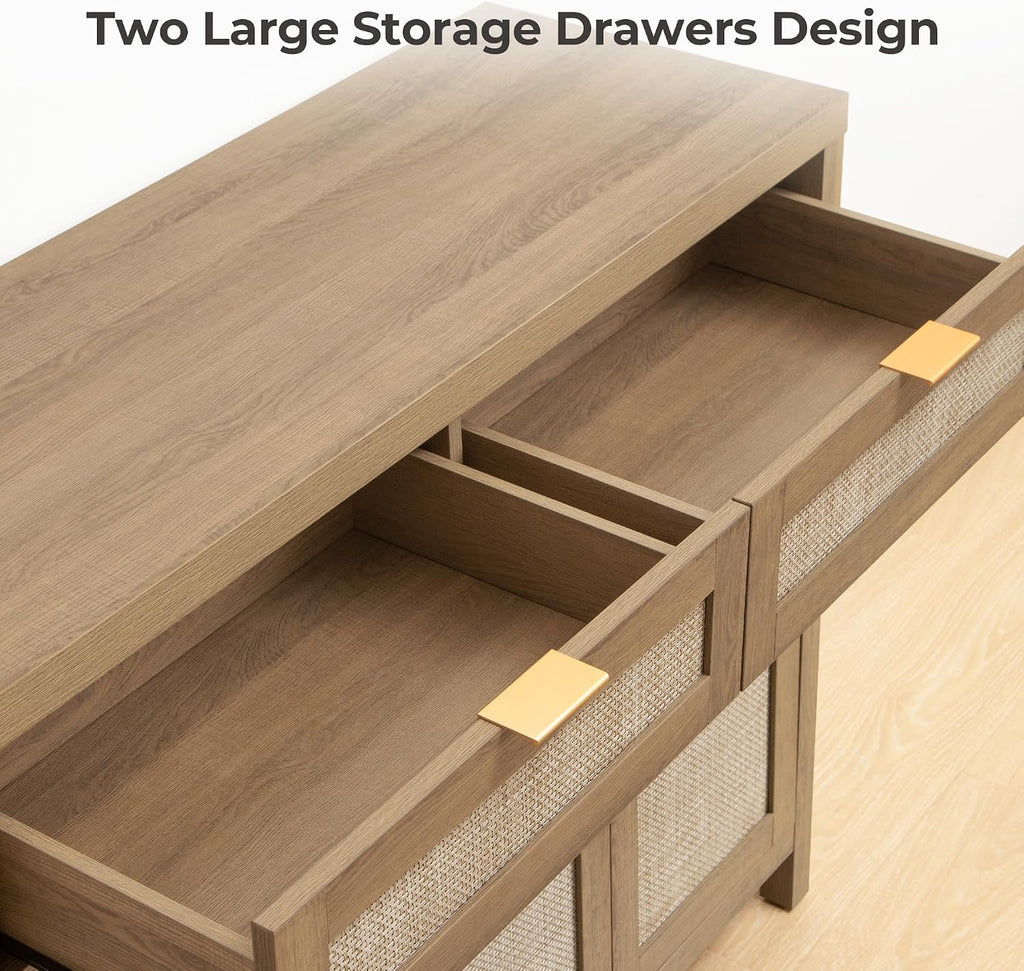 Caramel Oak Rattan 3 Doors 2 Drawers Boho Sideboard
