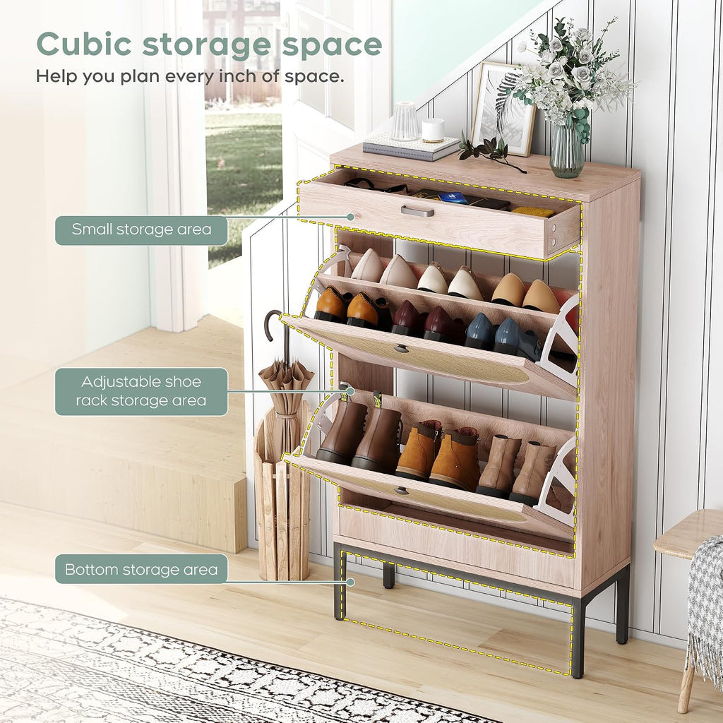 Slim Rattan Flip Drawer Shoe Storage Cabinet