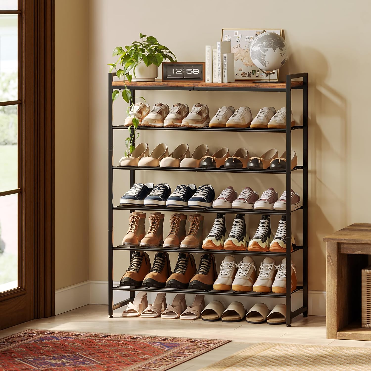 6 Tier Rustic Brown Black Metal Shoe Rack With Wood Top